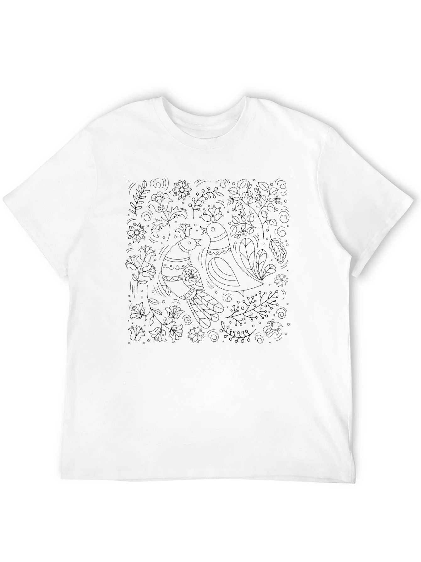 Artistic Black T-Shirt with Bird and Floral Design