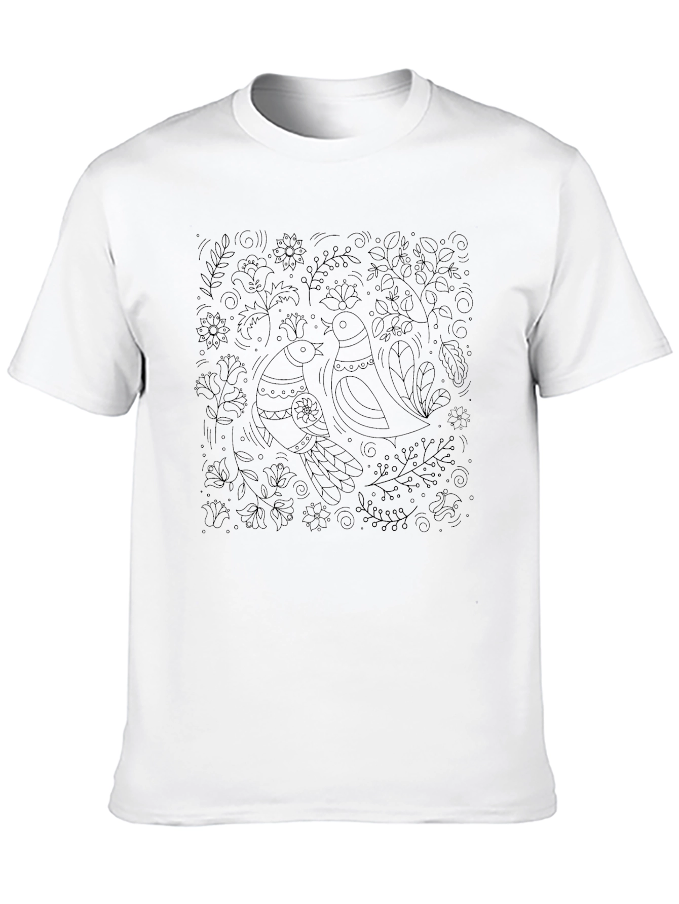 Artistic Black T-Shirt with Bird and Floral Design