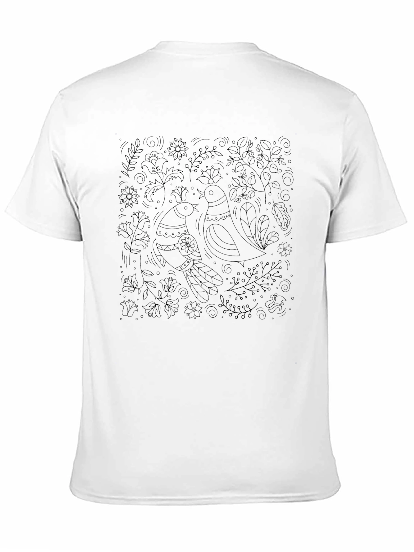 Artistic Black T-Shirt with Bird and Floral Design