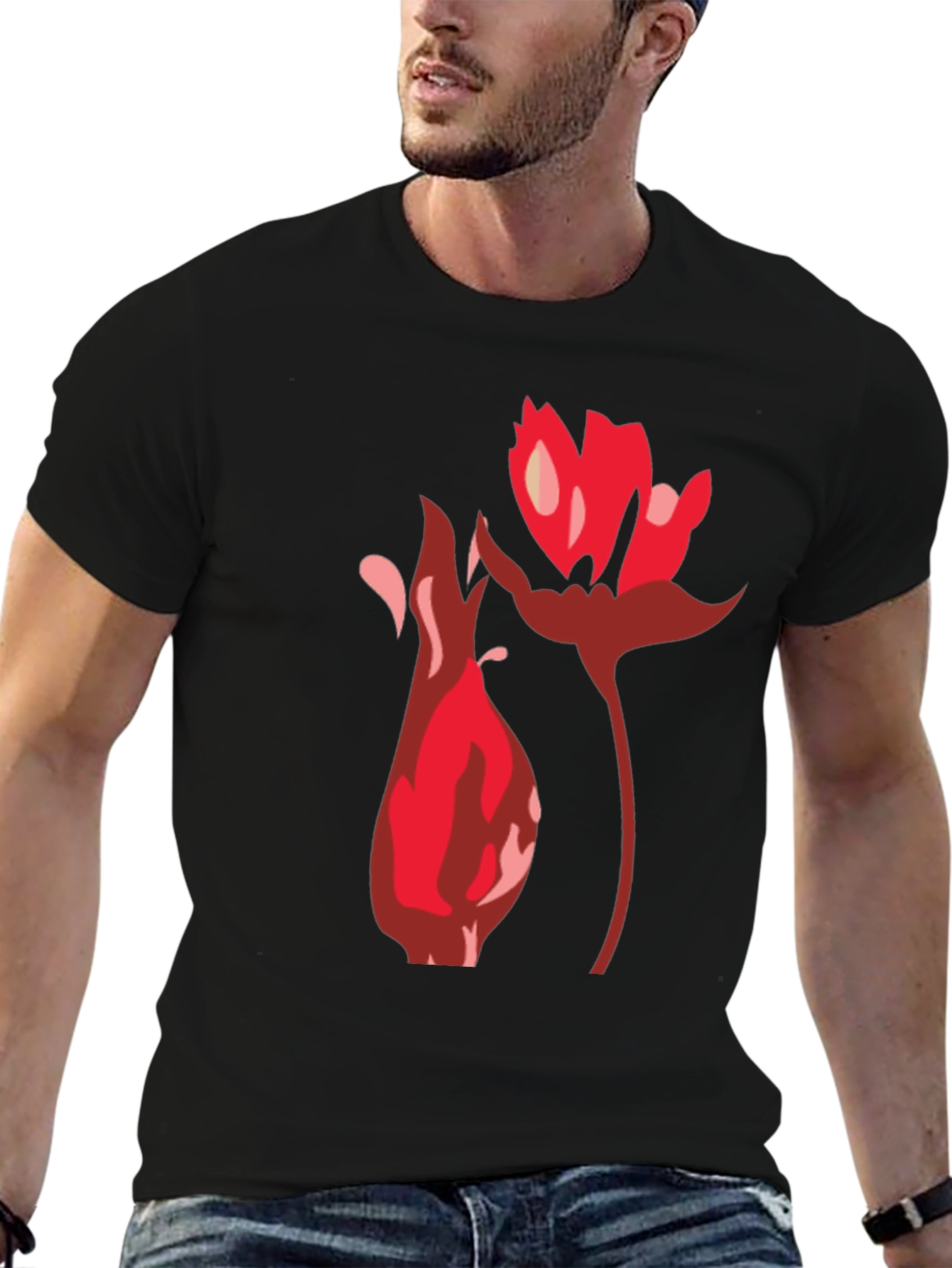Black T-Shirt with Bold Floral Graphic