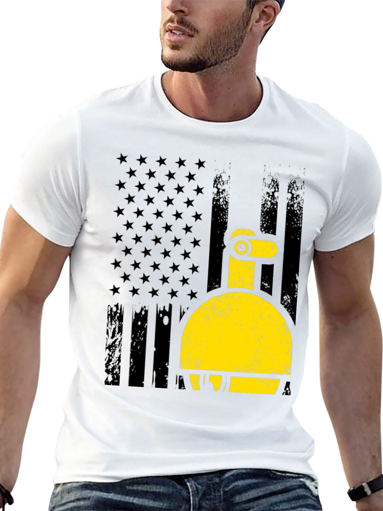 Excavator American Flag Mens Black T-Shirt