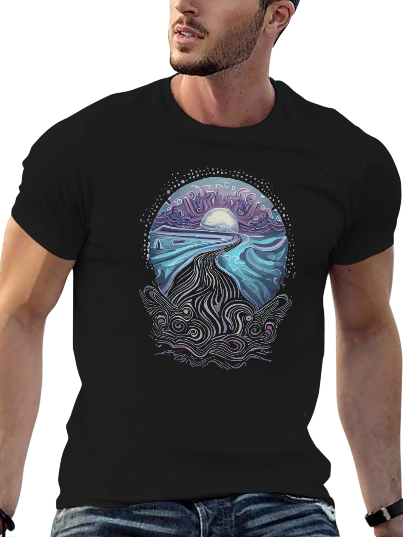 Mystical Ocean Wave T-Shirt - Black