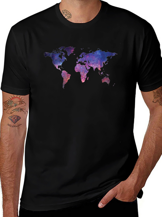 Galaxy World Map Graphic Tee - Black Crew Neck T-Shirt