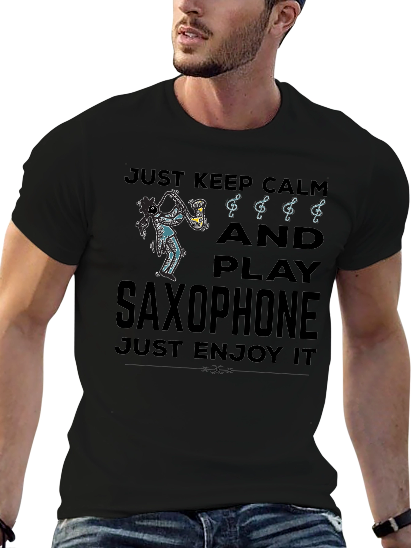 Just Keep Calm Play Saxophone Black Graphic T-Shirt