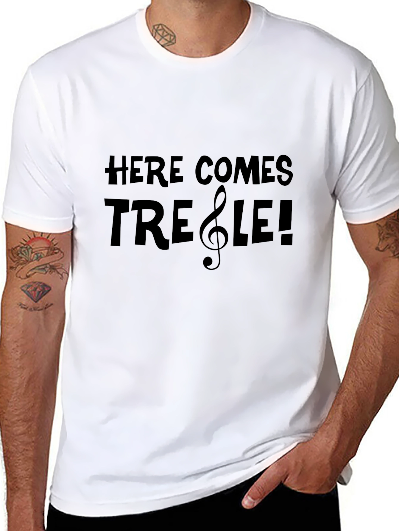 Here Comes Treble! Music Themed Black T-Shirt