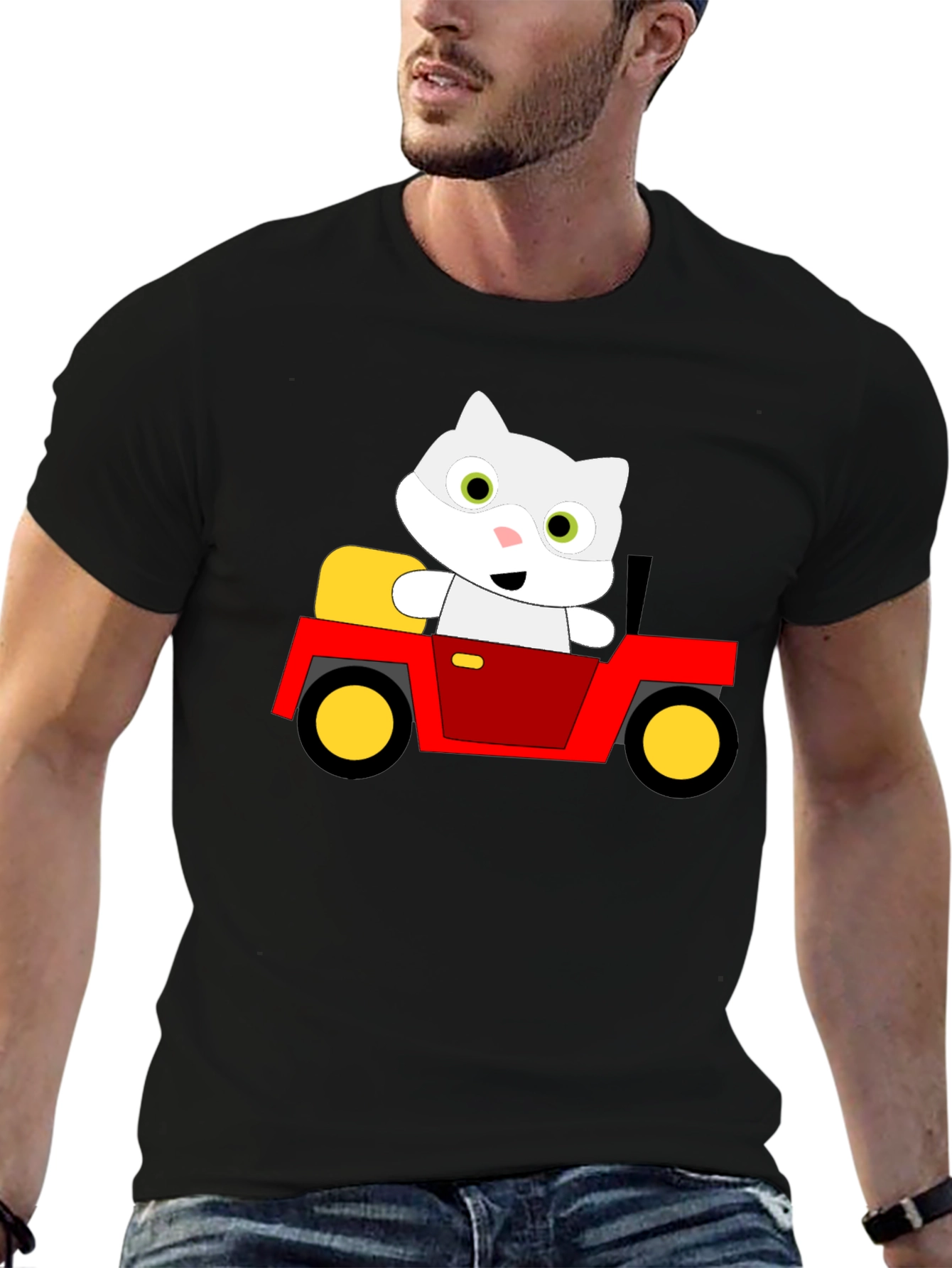 Cute Cartoon Cat in Car Graphic T-Shirt