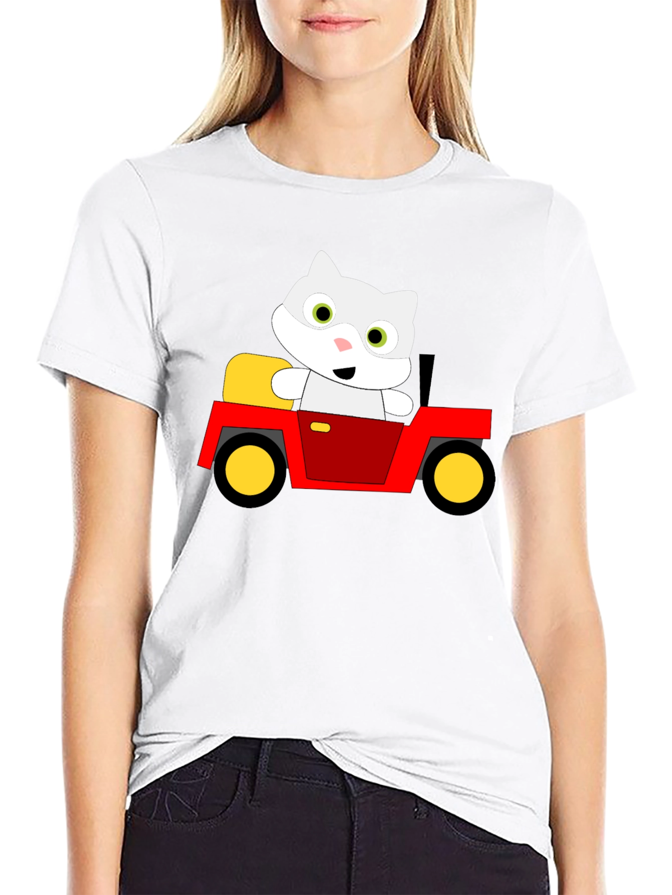 Cute Cartoon Cat in Car Graphic T-Shirt
