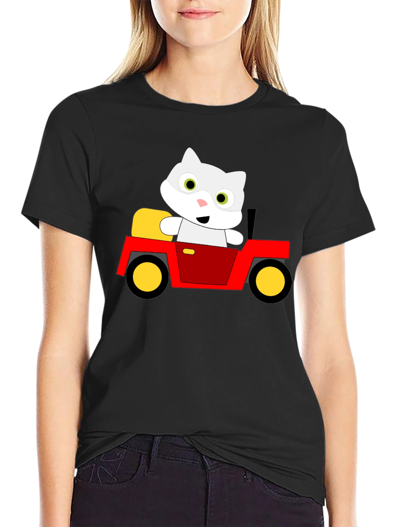 Cute Cartoon Cat in Car Graphic T-Shirt