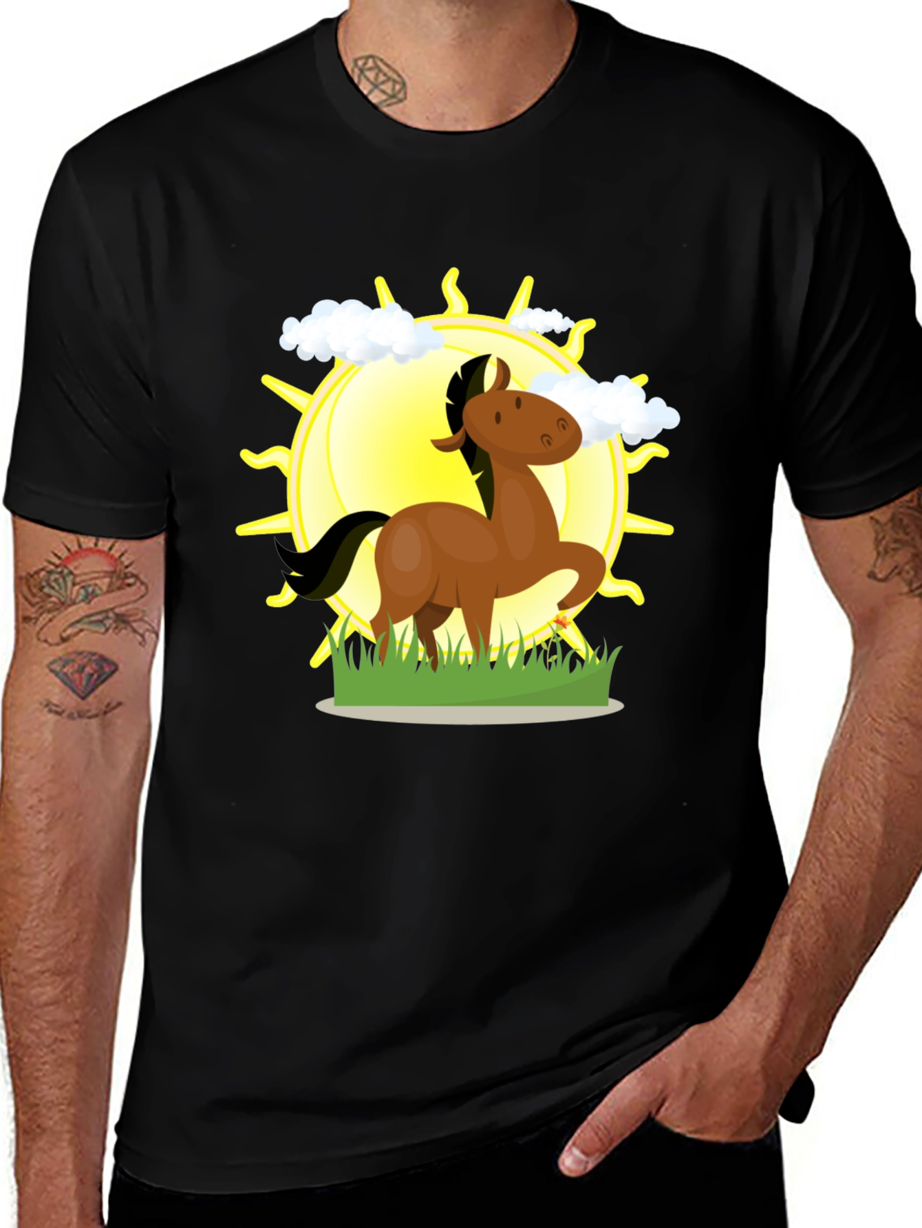 Cartoon Horse & Sun Graphic Black T-Shirt