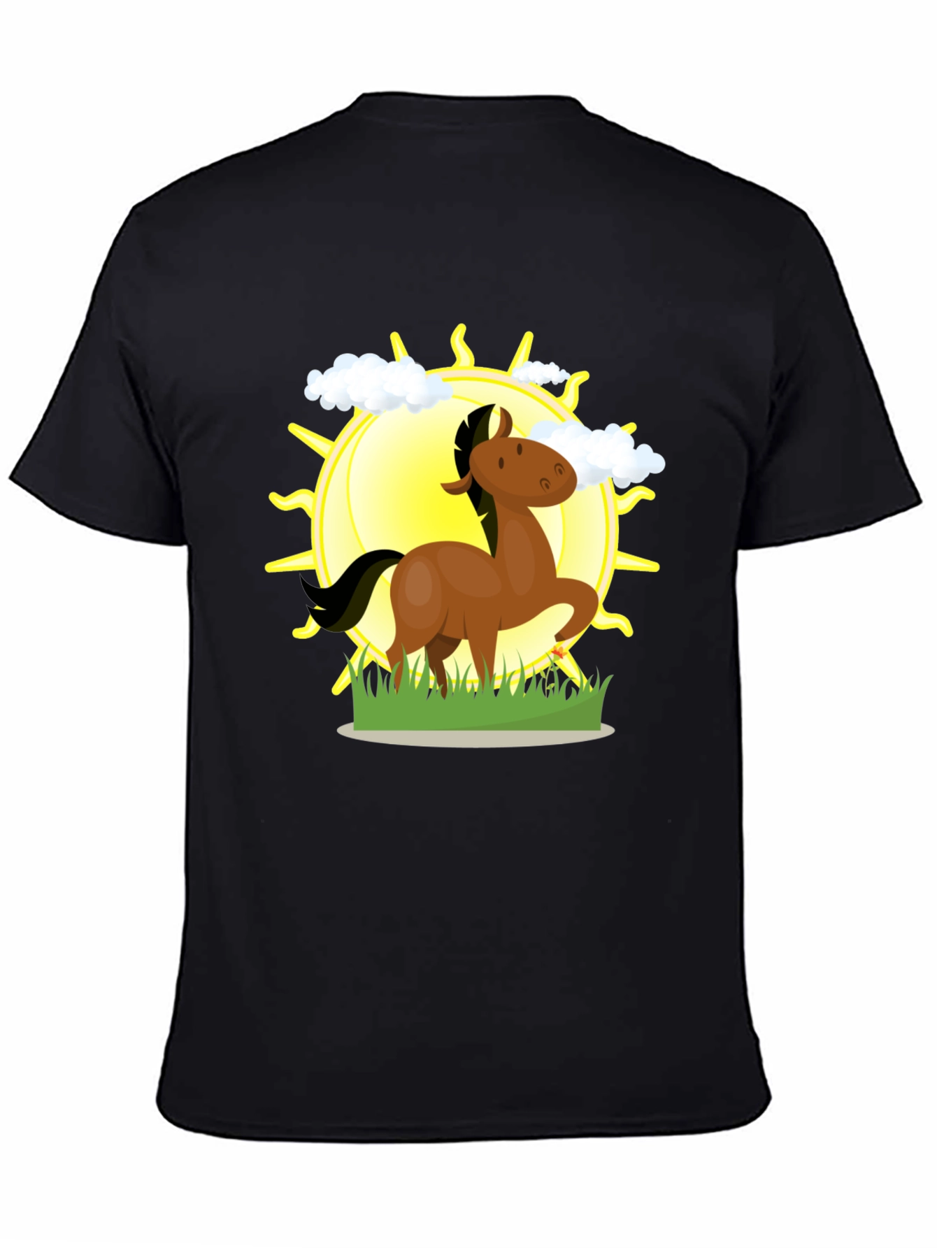 Cartoon Horse & Sun Graphic Black T-Shirt