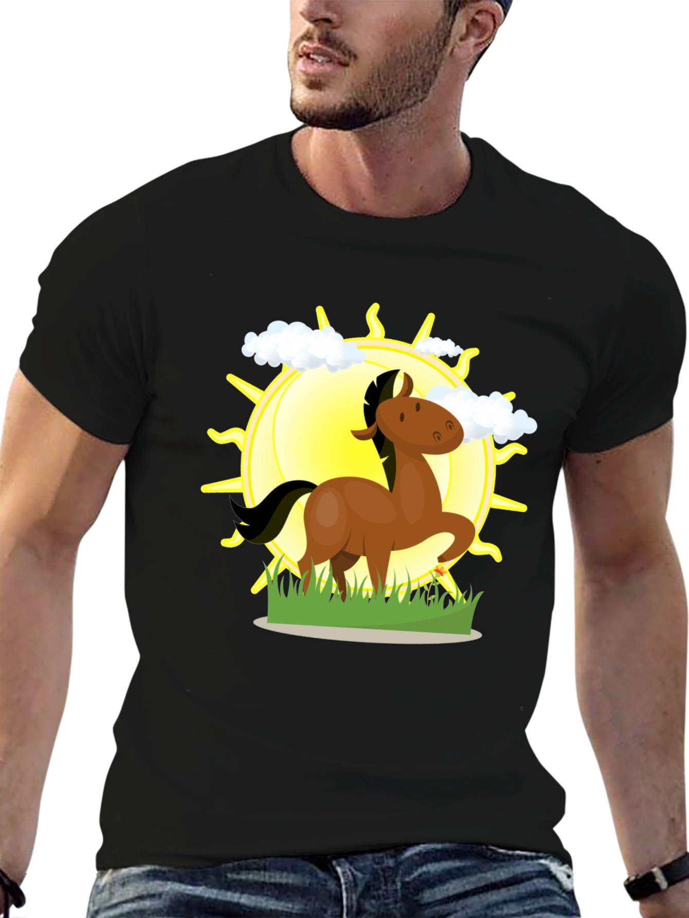 Cartoon Horse & Sun Graphic Black T-Shirt