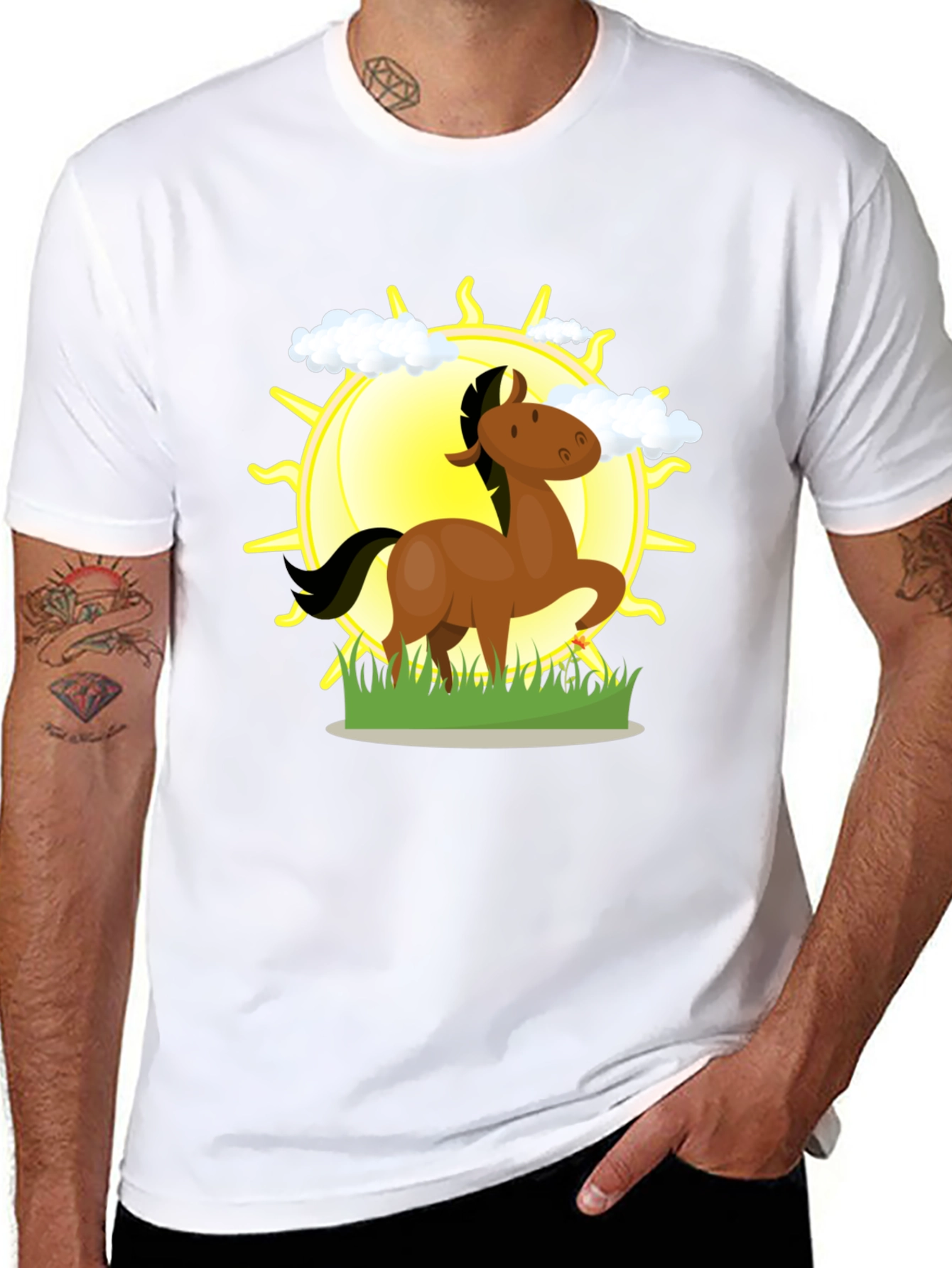 Cartoon Horse & Sun Graphic Black T-Shirt