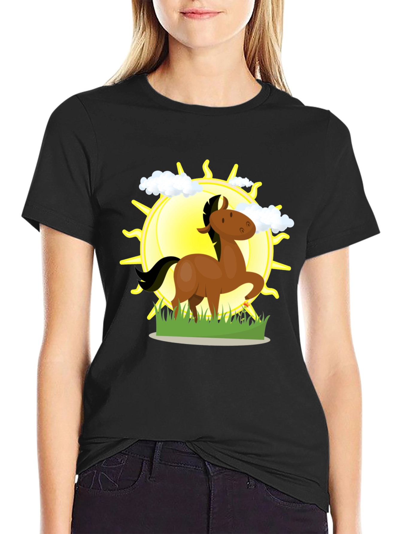 Cartoon Horse & Sun Graphic Black T-Shirt