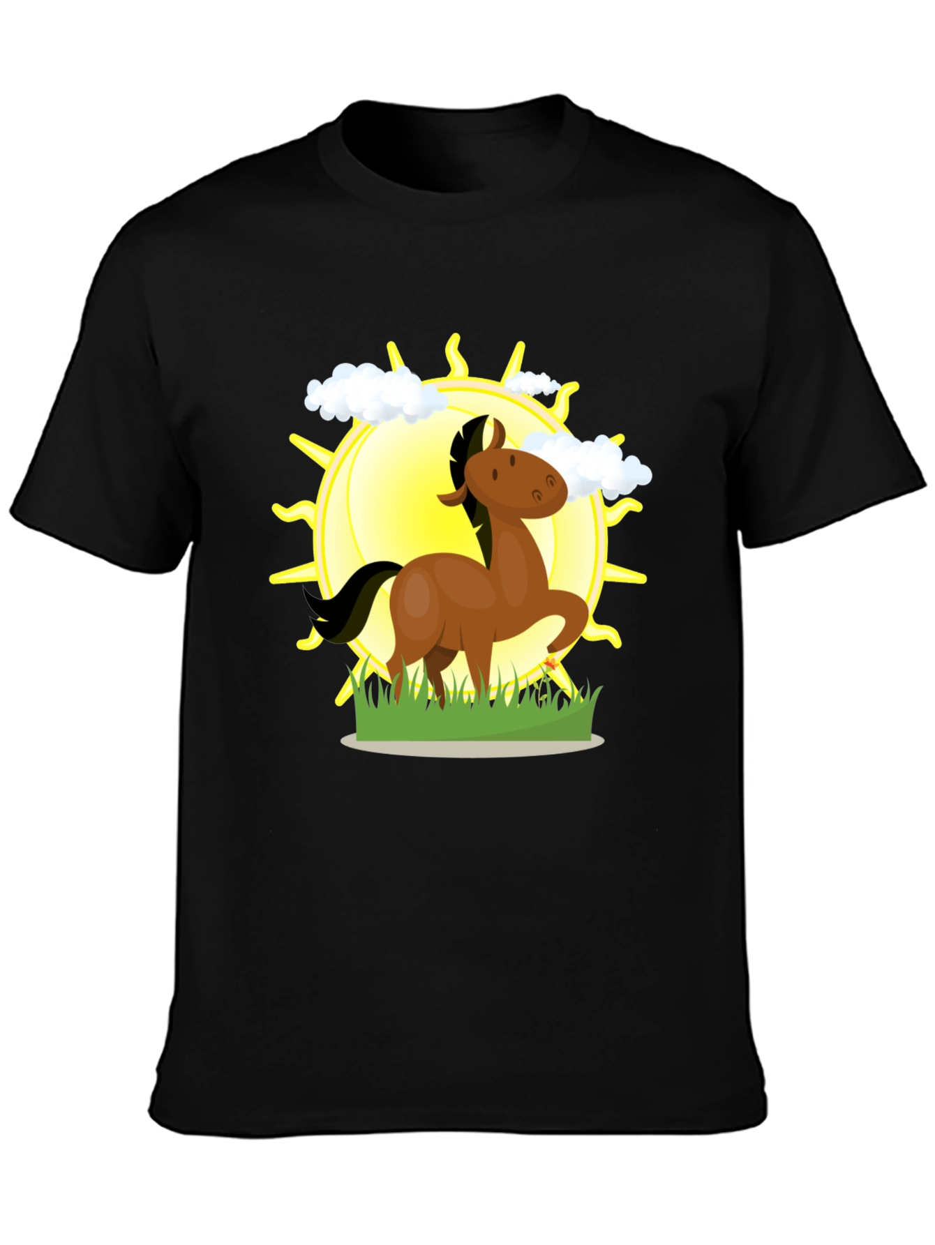 Cartoon Horse & Sun Graphic Black T-Shirt
