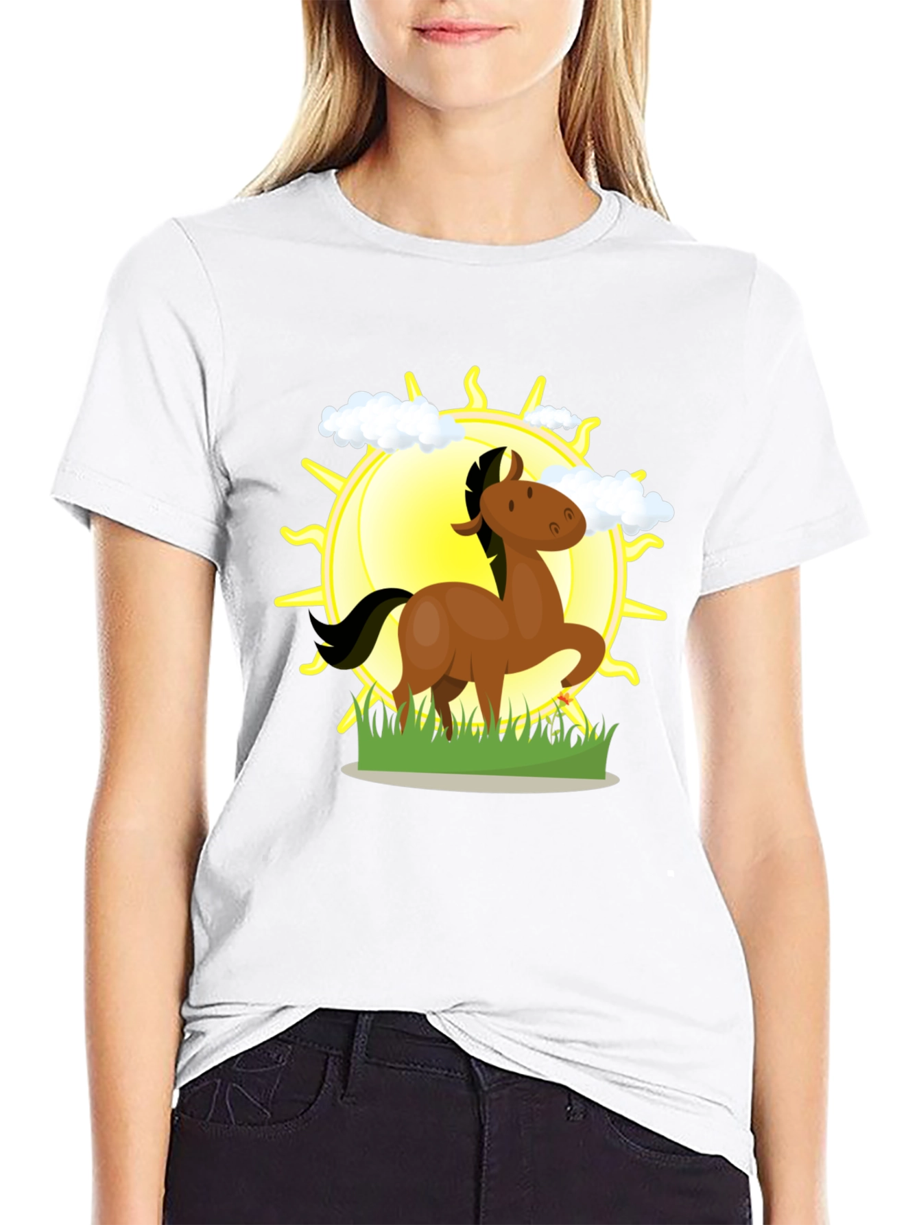 Cartoon Horse & Sun Graphic Black T-Shirt