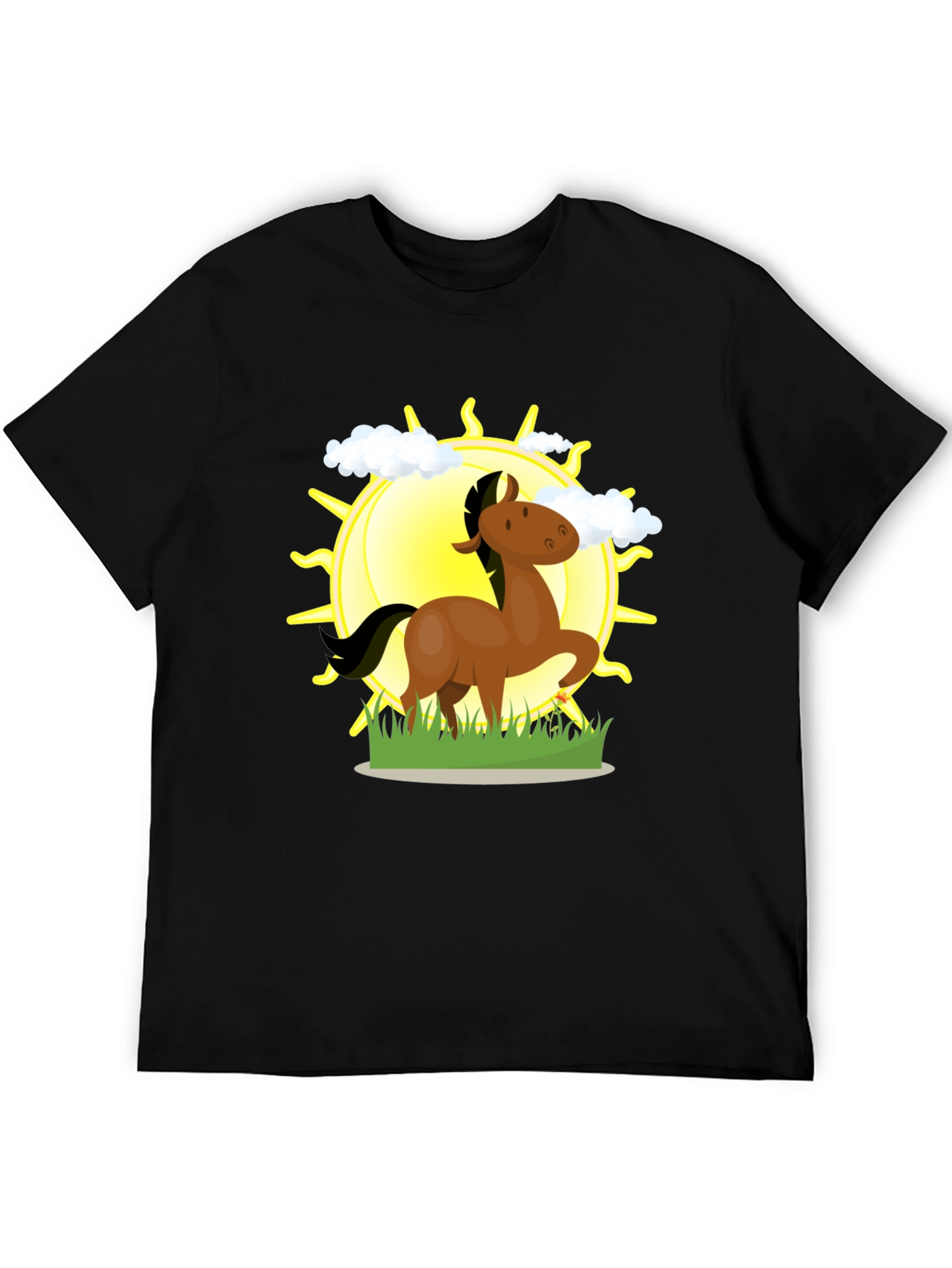 Cartoon Horse & Sun Graphic Black T-Shirt