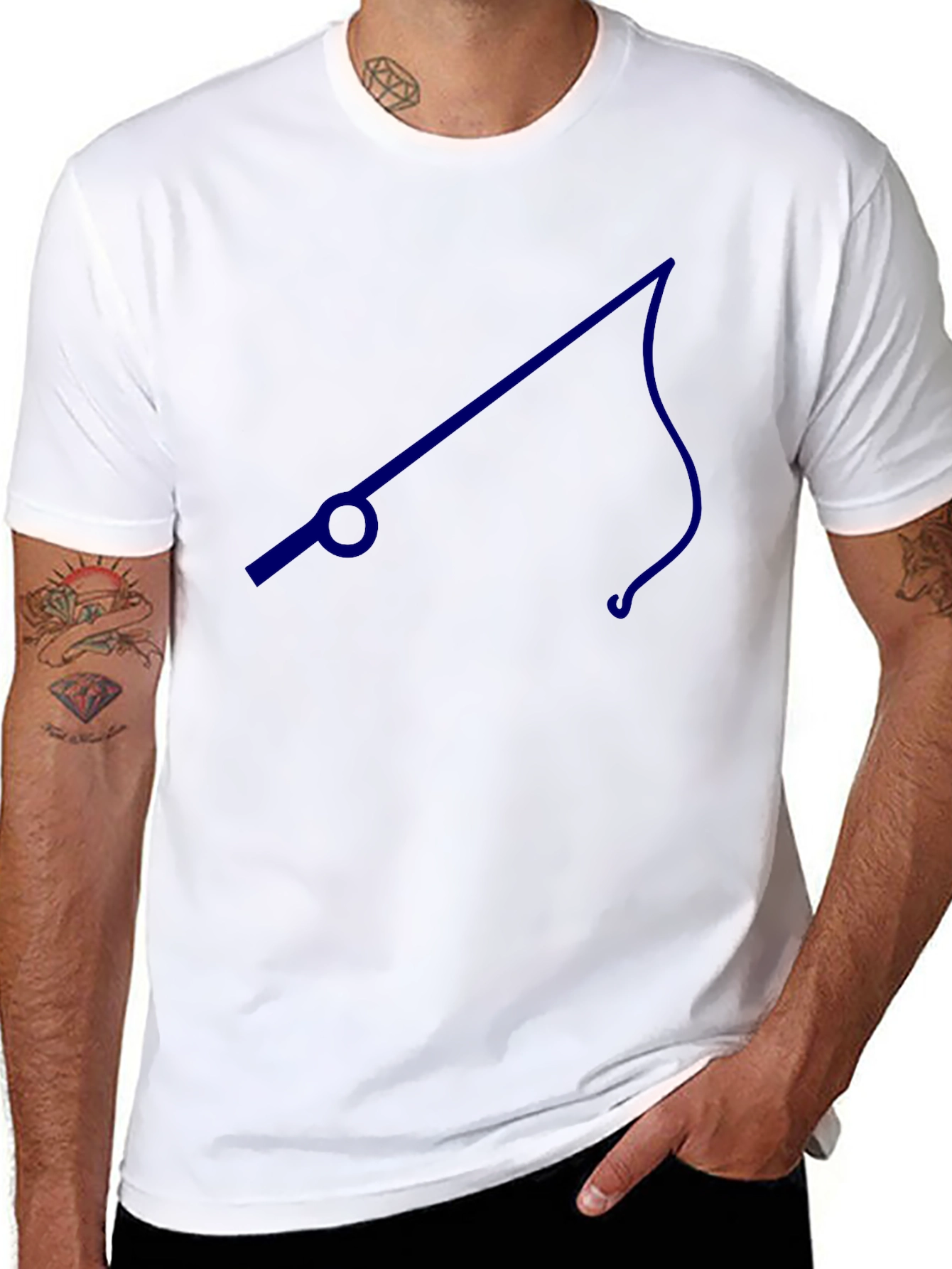 Mens Black T-Shirt with Blue Fishing Pole Design