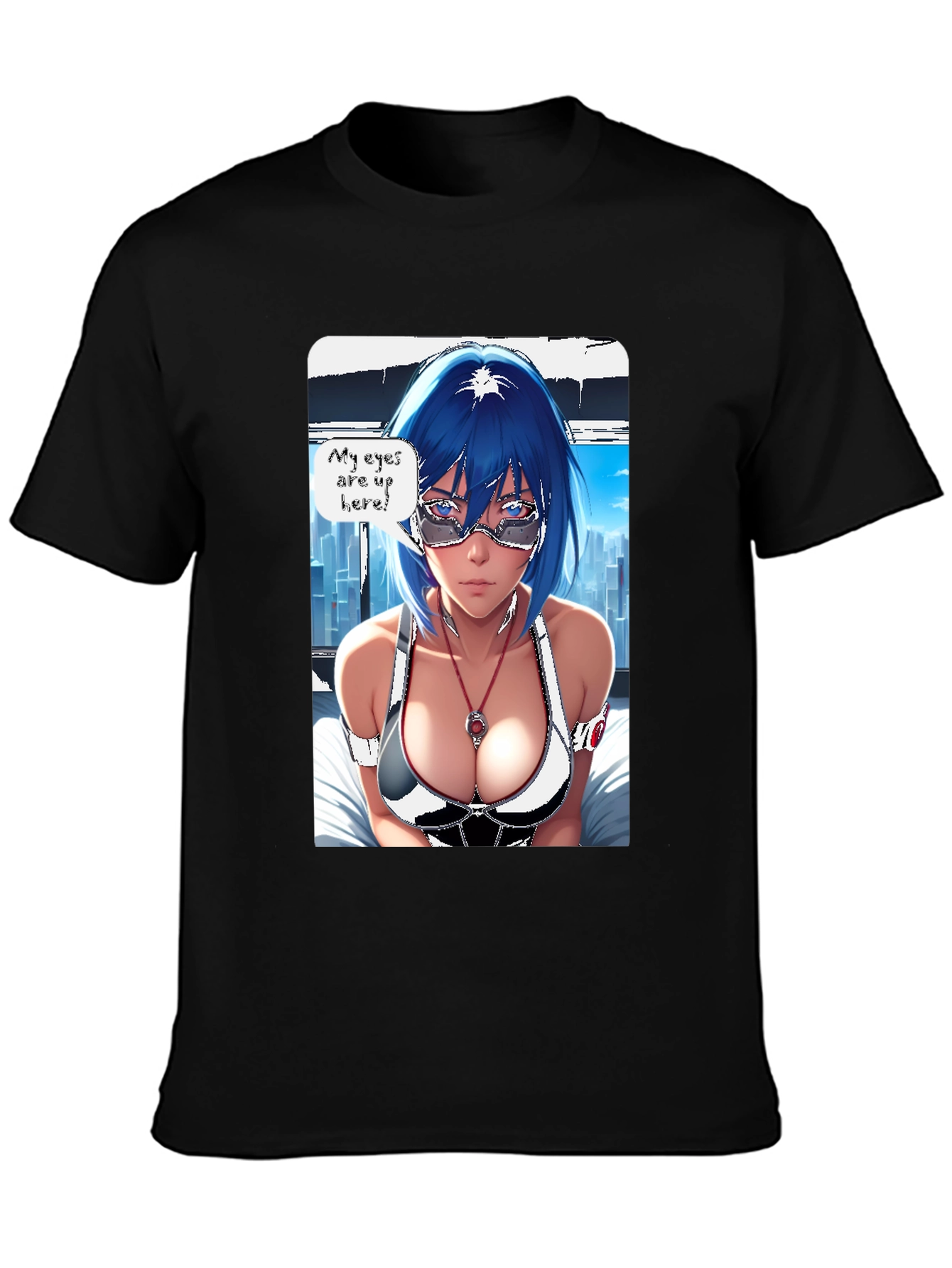 Anime Girl Eyes Up Here Graphic Tee - Black