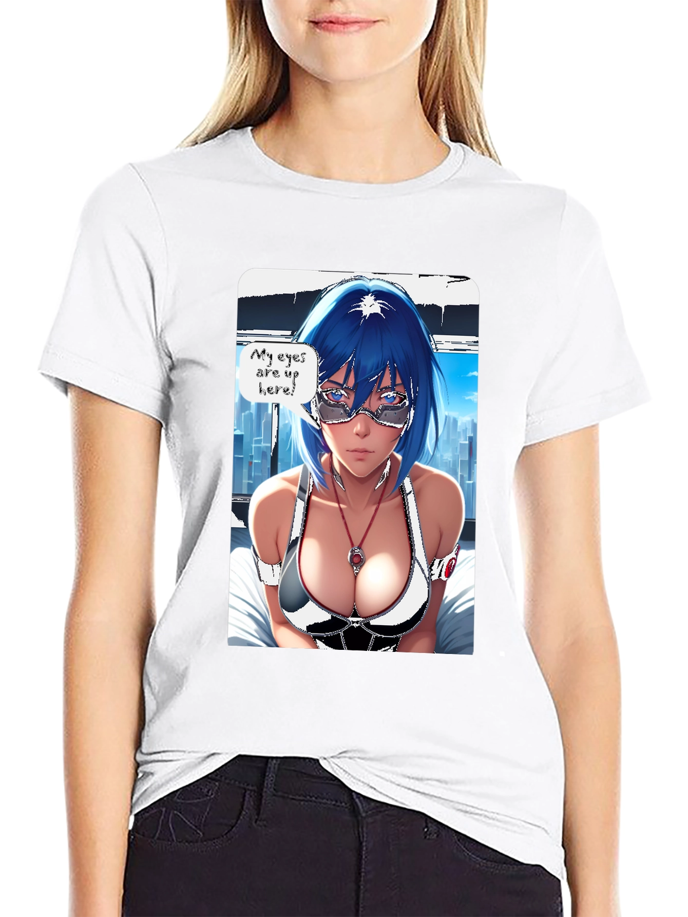 Anime Girl Eyes Up Here Graphic Tee - Black