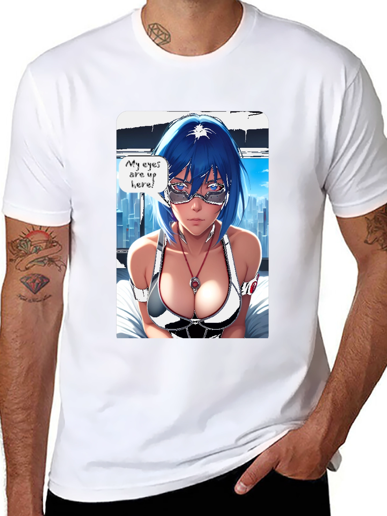 Anime Girl Eyes Up Here Graphic Tee - Black