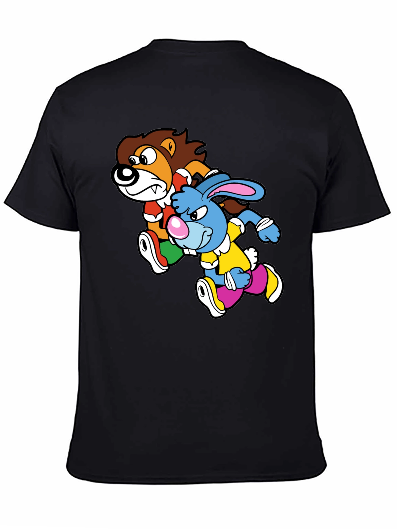 Lion and Rabbit Cartoon Graphic Black T-Shirt