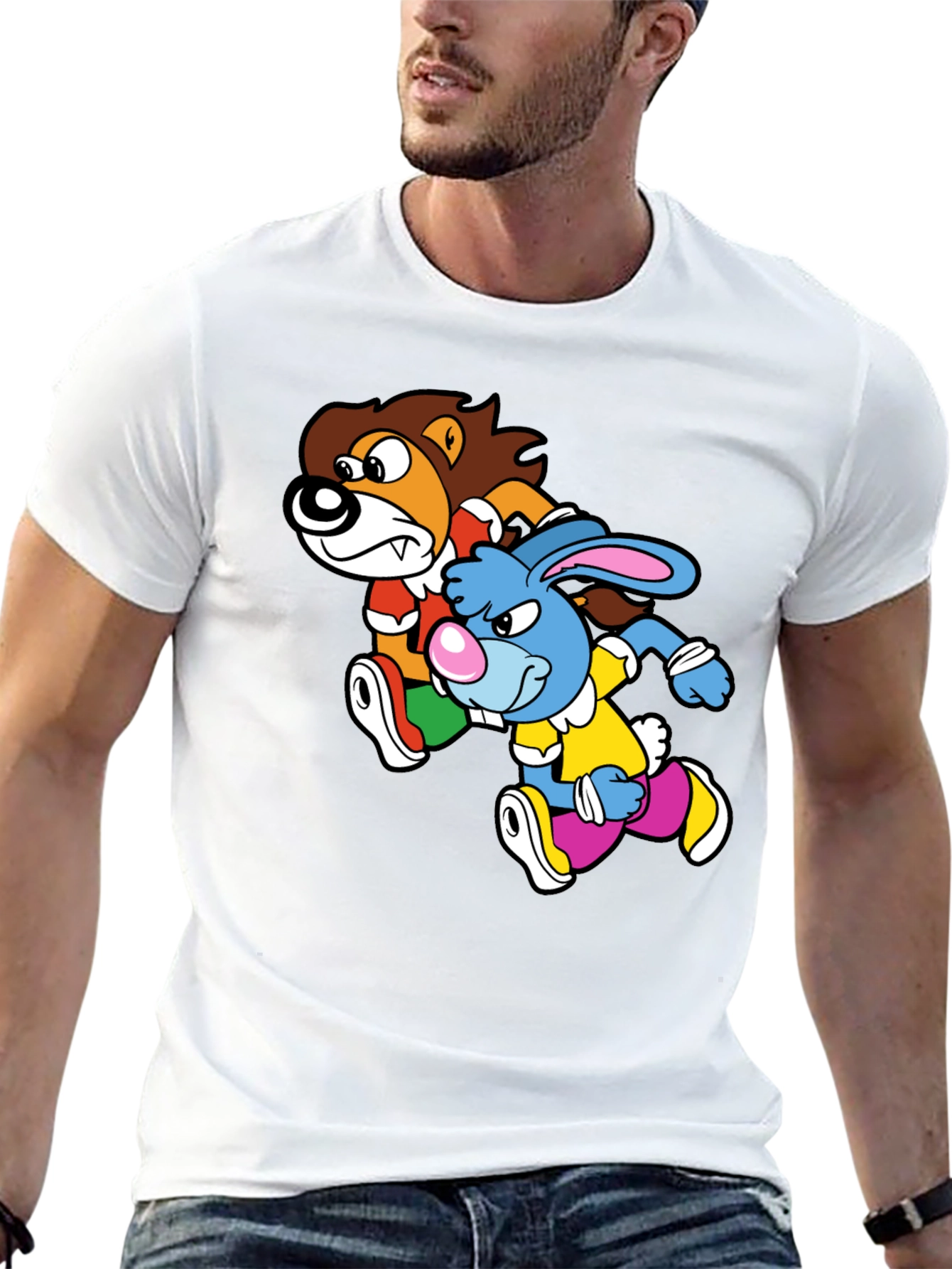 Lion and Rabbit Cartoon Graphic Black T-Shirt