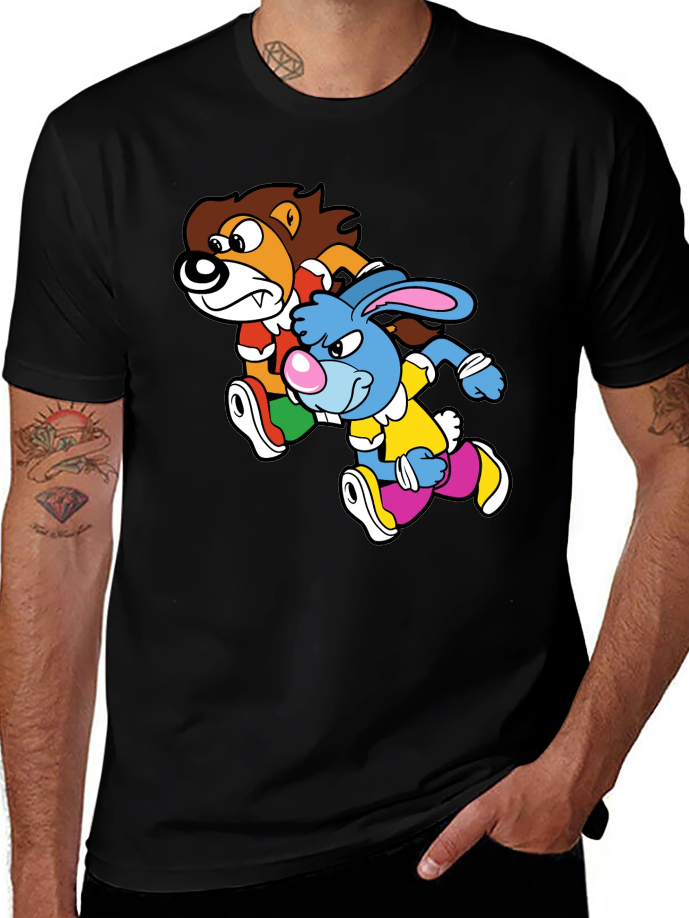 Lion and Rabbit Cartoon Graphic Black T-Shirt