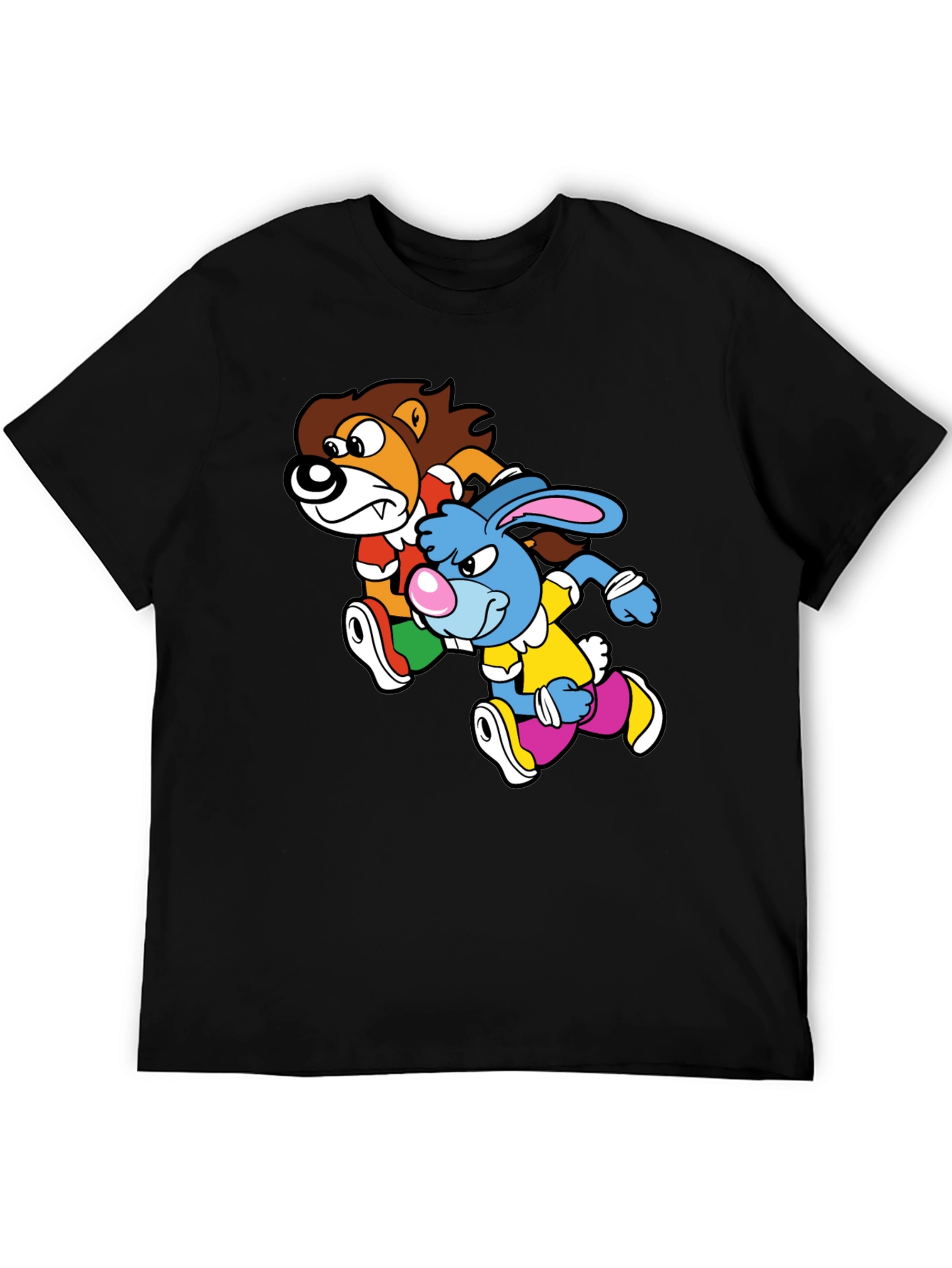 Lion and Rabbit Cartoon Graphic Black T-Shirt
