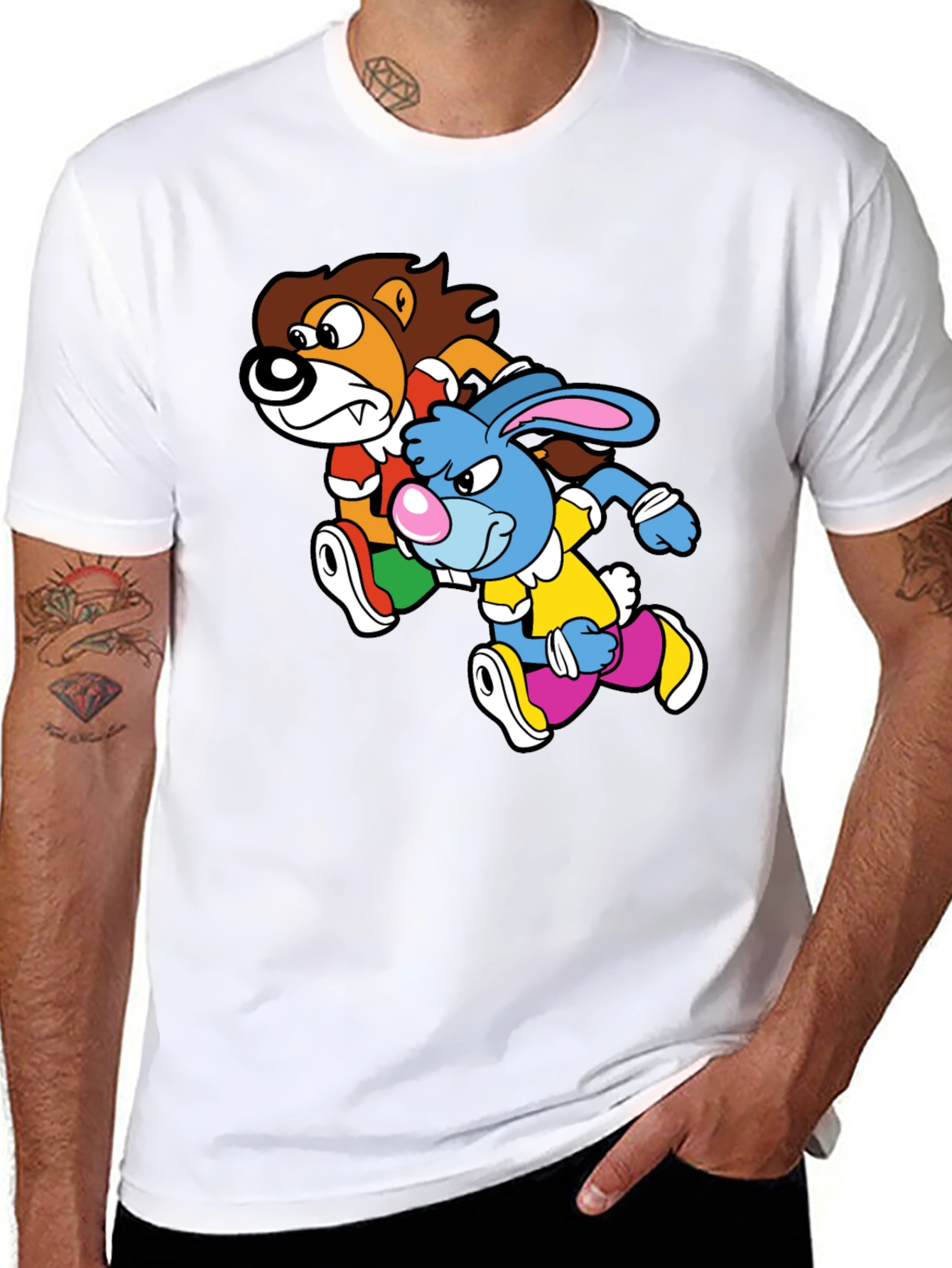 Lion and Rabbit Cartoon Graphic Black T-Shirt