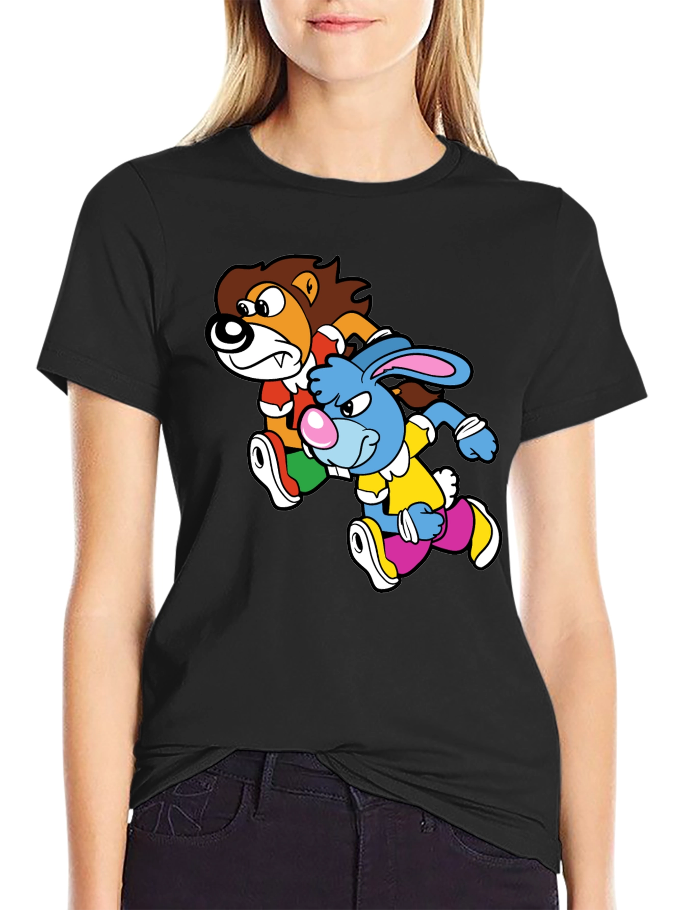 Lion and Rabbit Cartoon Graphic Black T-Shirt