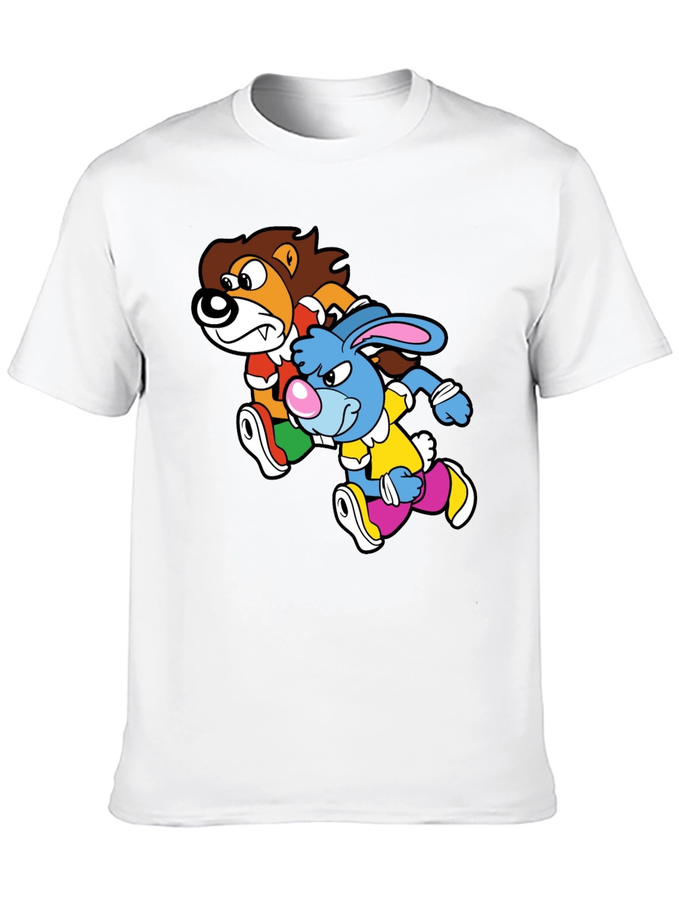 Lion and Rabbit Cartoon Graphic Black T-Shirt
