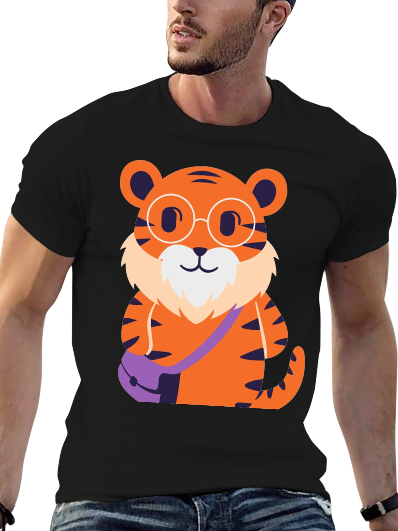 Nerdy Tiger Graphic Tee - Black Cotton T-Shirt