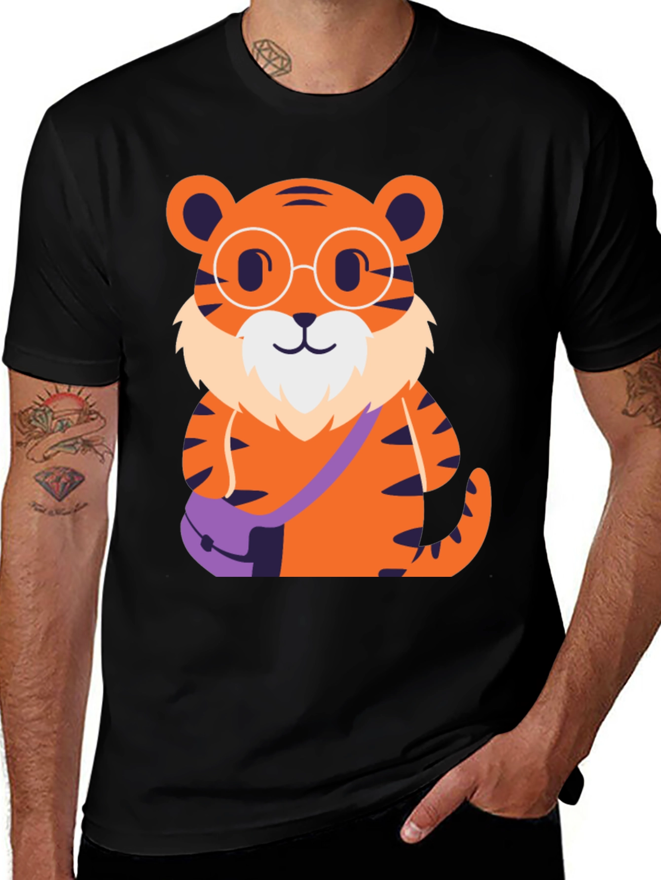 Nerdy Tiger Graphic Tee - Black Cotton T-Shirt