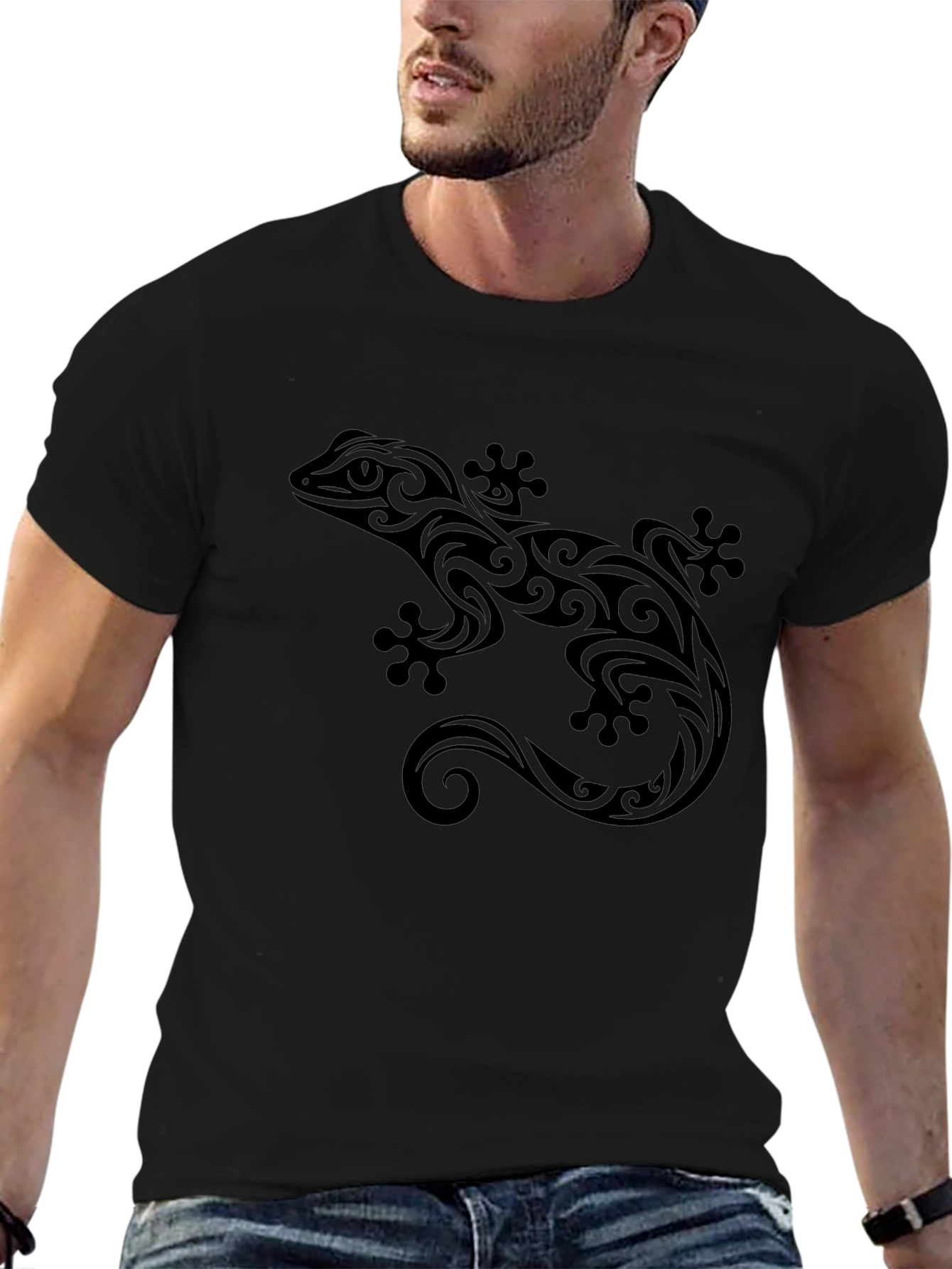Tribal Gecko Graphic Tee - Stylish Black T-Shirt