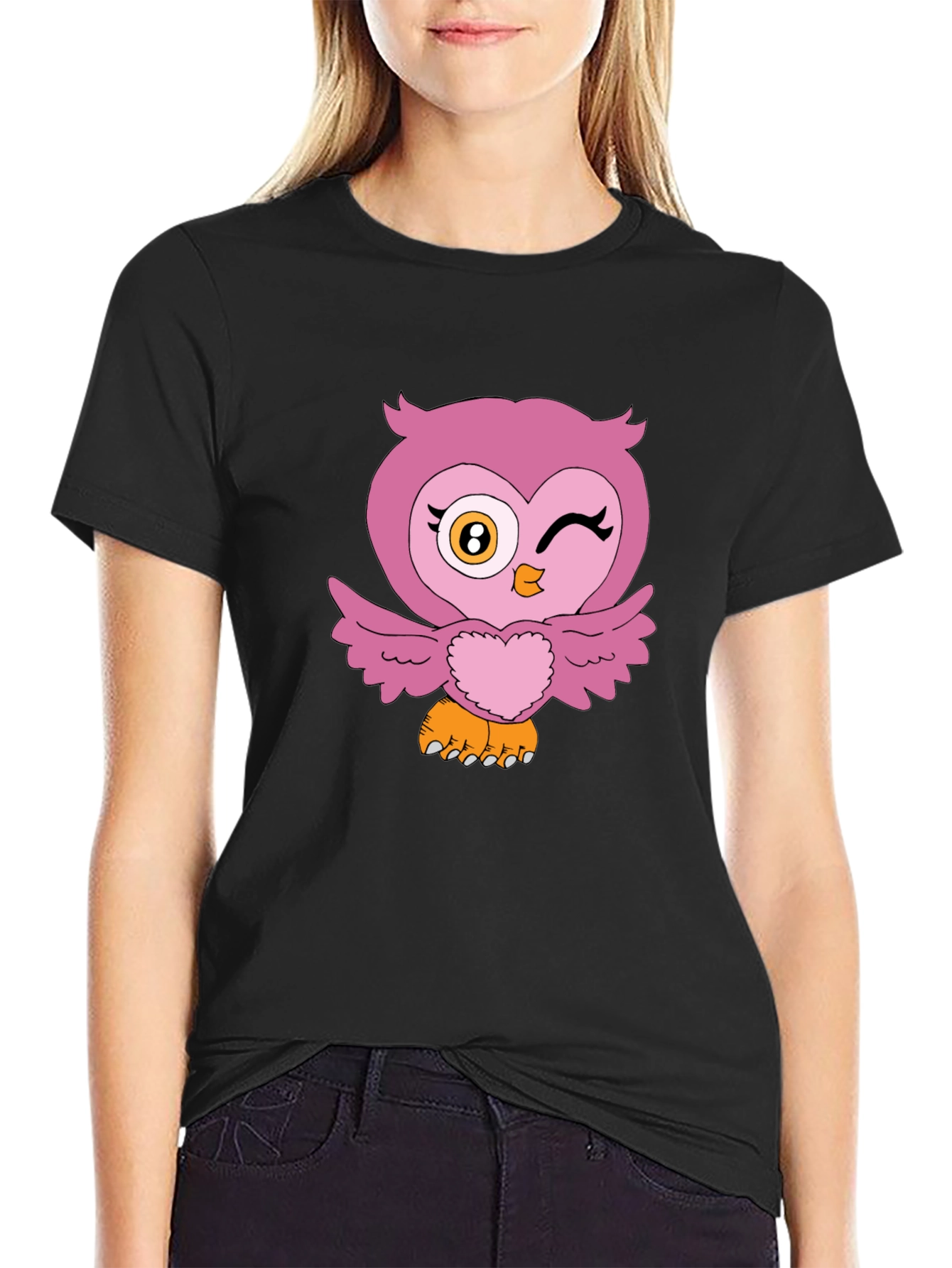 Cute Pink Owl Graphic Print Black T-Shirt