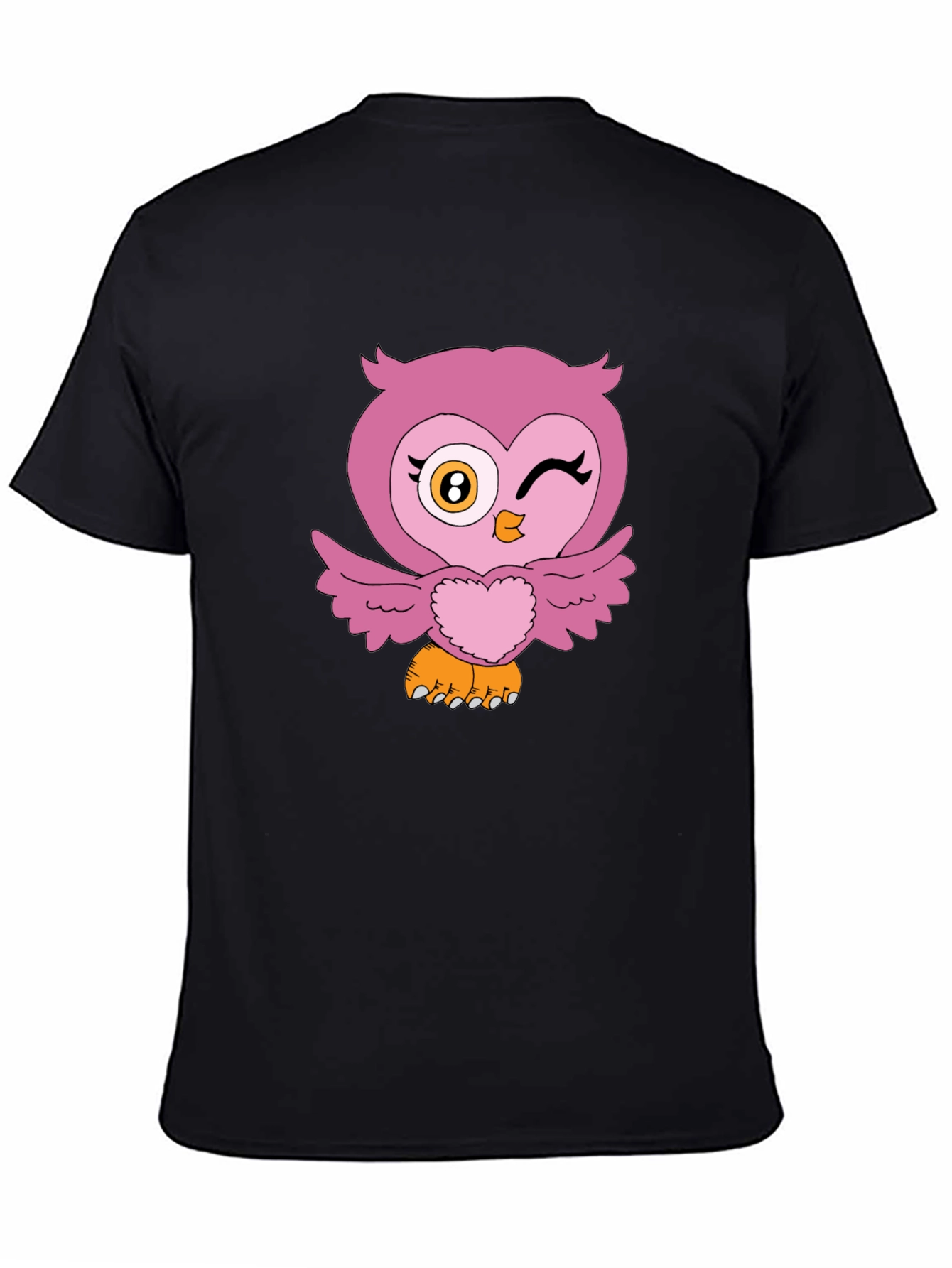 Cute Pink Owl Graphic Print Black T-Shirt