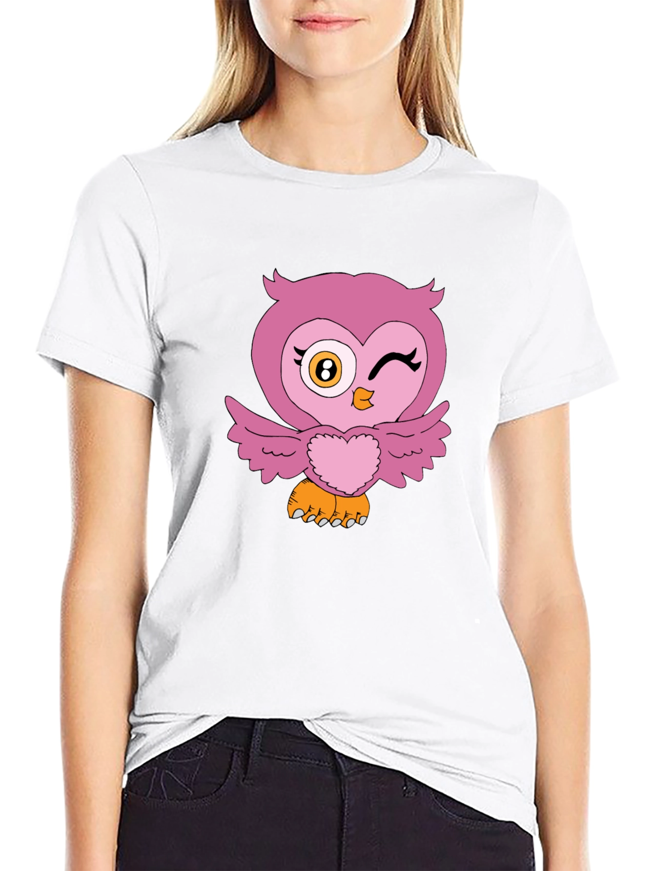 Cute Pink Owl Graphic Print Black T-Shirt