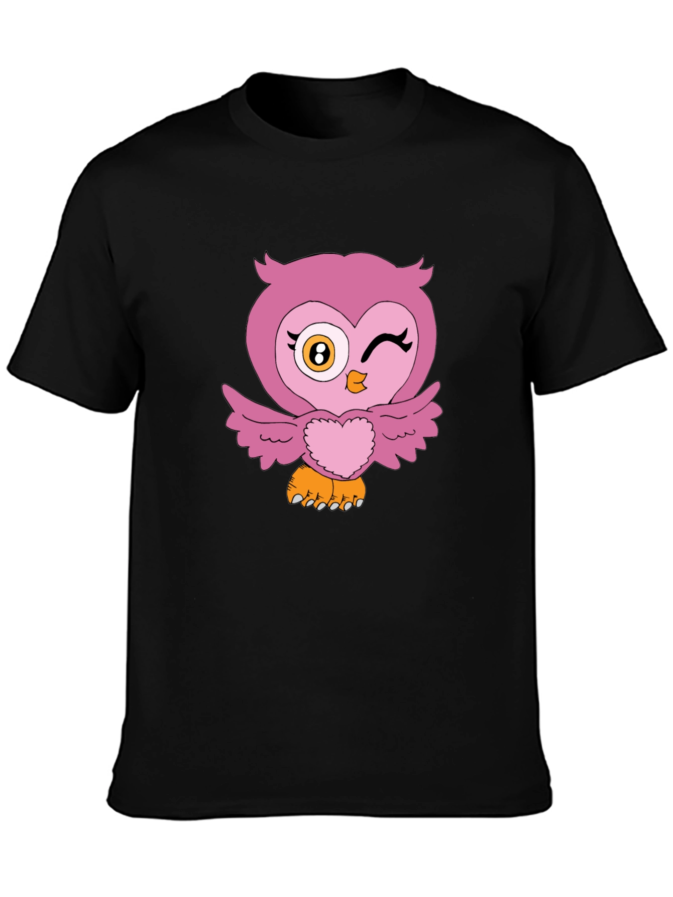 Cute Pink Owl Graphic Print Black T-Shirt