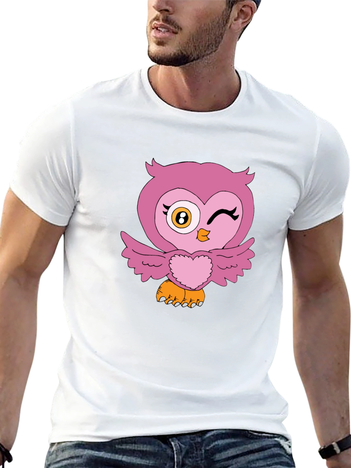 Cute Pink Owl Graphic Print Black T-Shirt