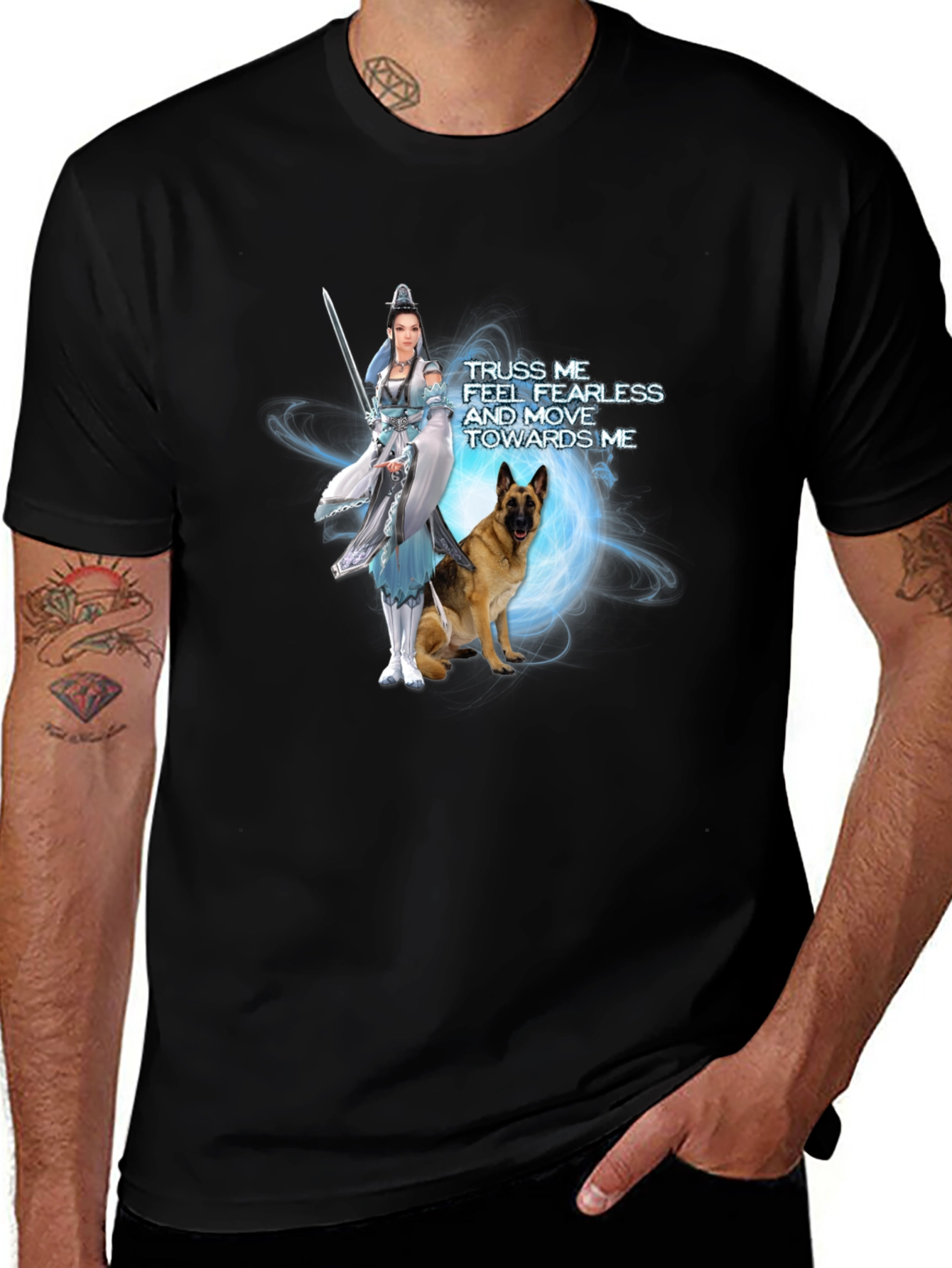 Warrior Woman & Loyal Dog Graphic Black T-Shirt