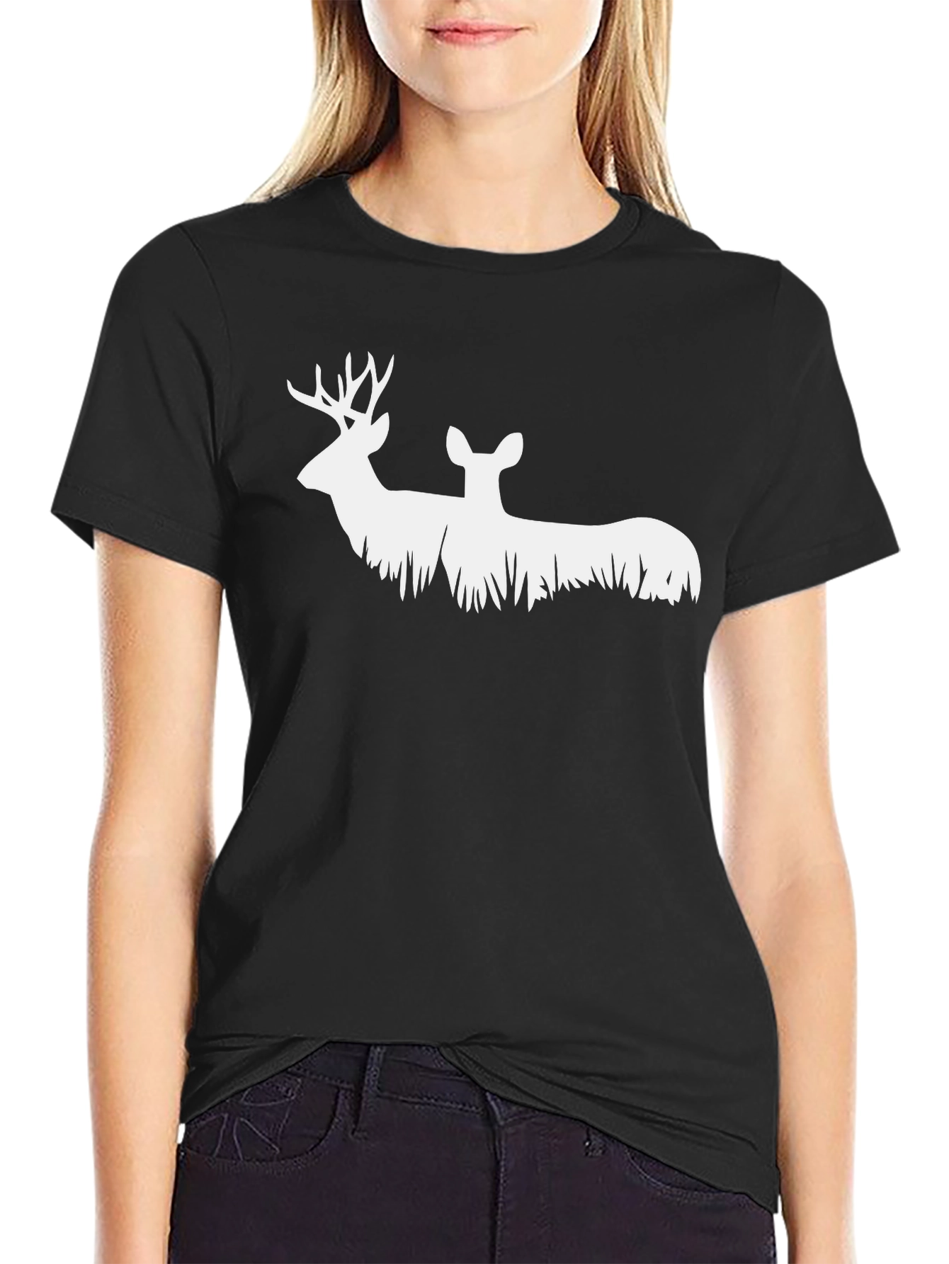Deer Silhouette Graphic Tee - Black Cotton Blend