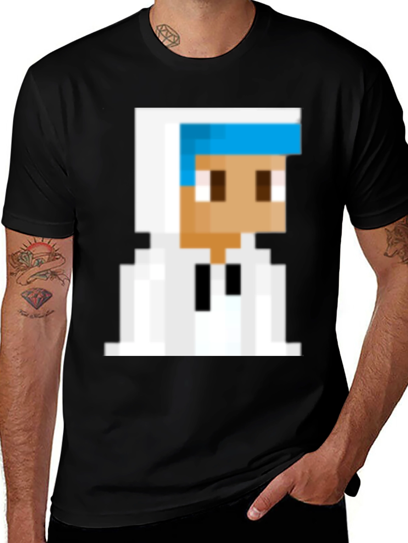 Pixelated Character Graphic Tee - Black Cotton Blend
