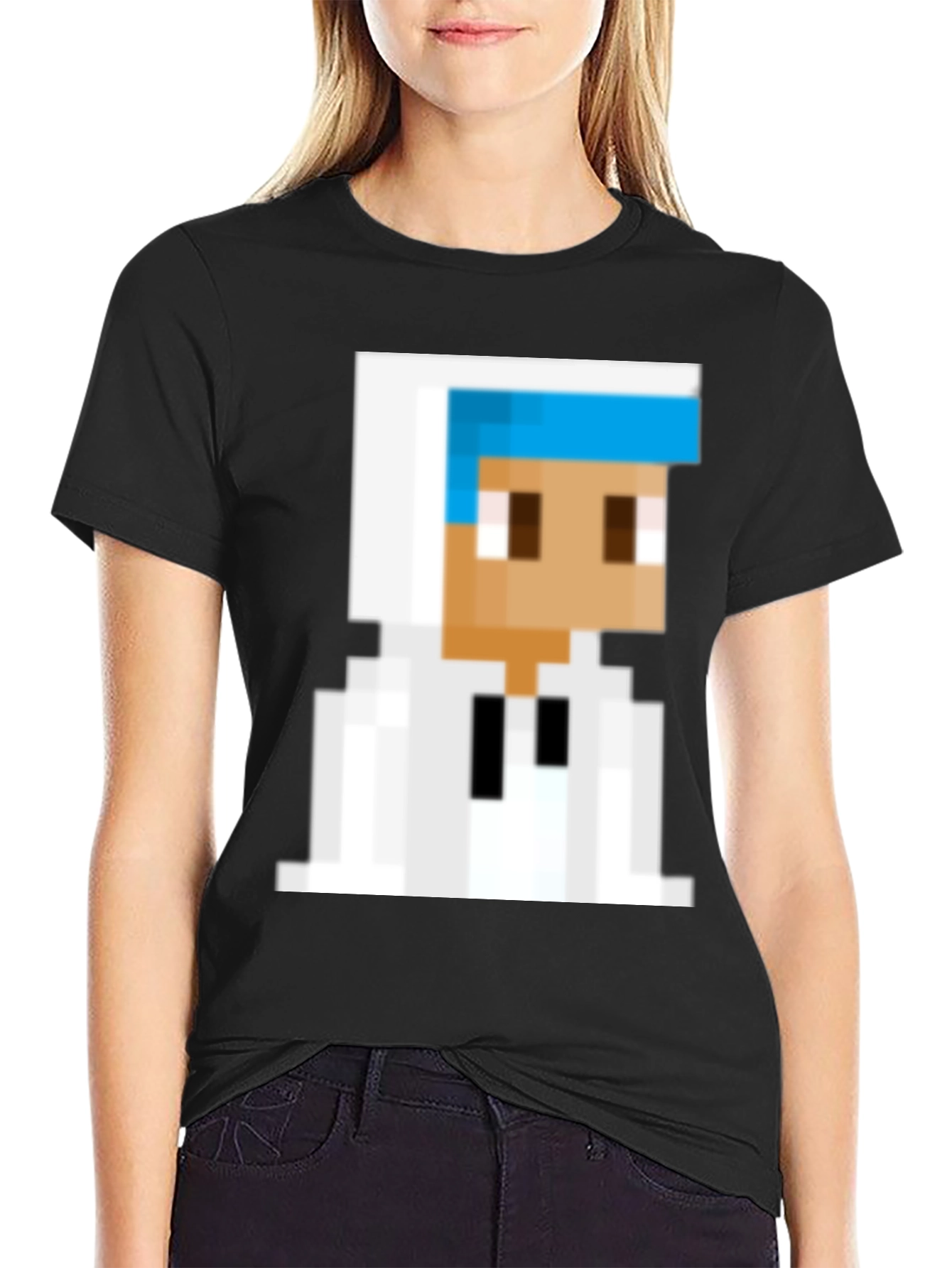 Pixelated Character Graphic Tee - Black Cotton Blend