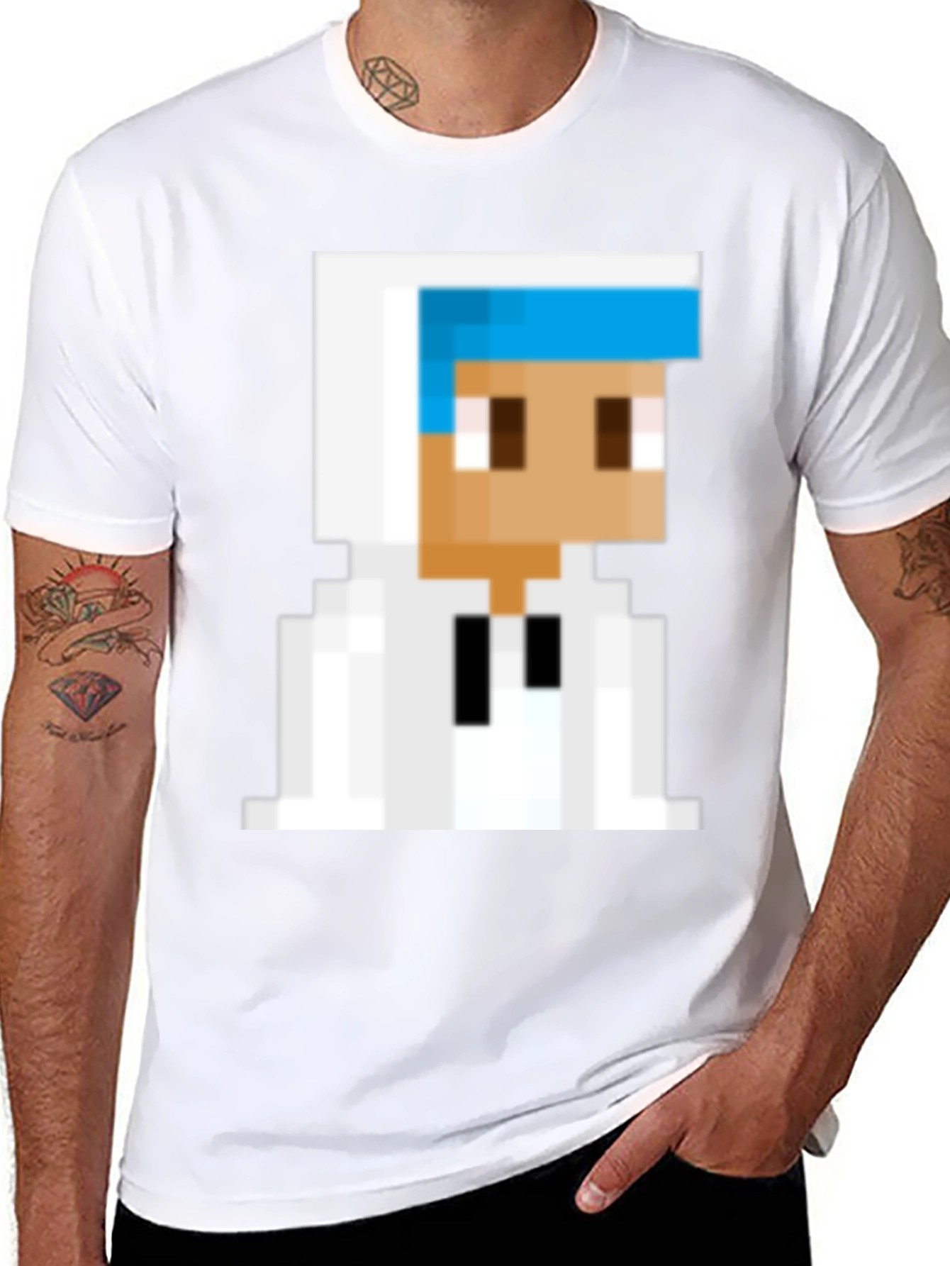 Pixelated Character Graphic Tee - Black Cotton Blend