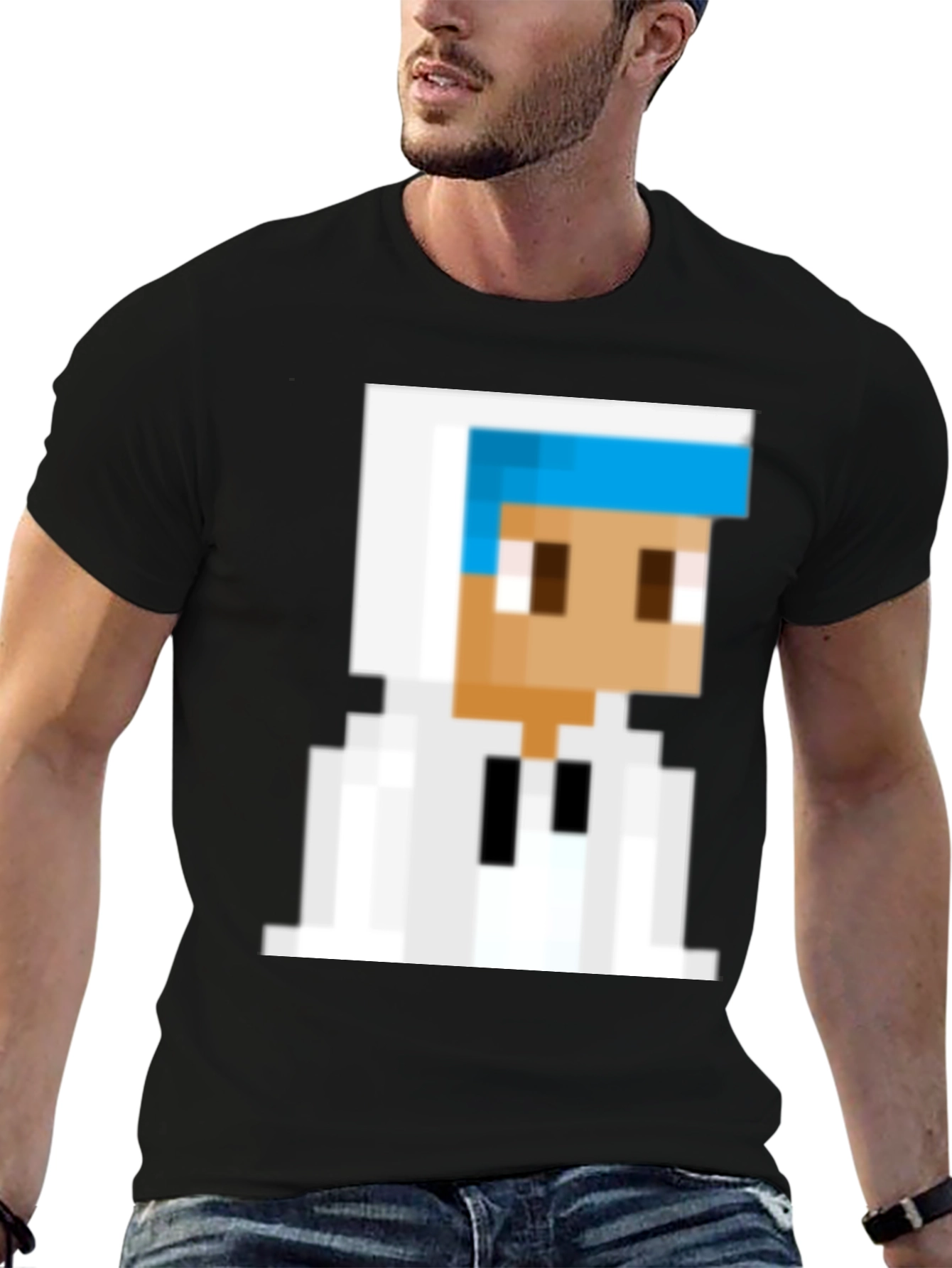Pixelated Character Graphic Tee - Black Cotton Blend
