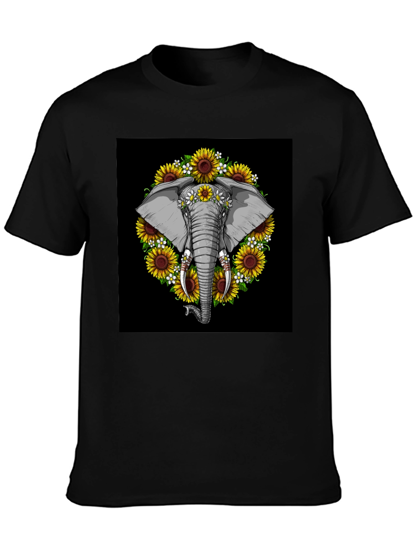 Elephant Sunflower Black T-Shirt