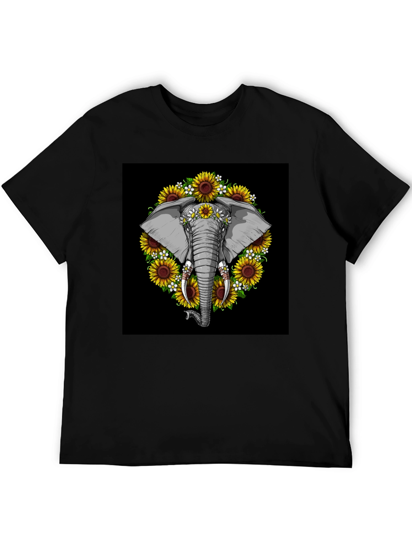 Elephant Sunflower Black T-Shirt