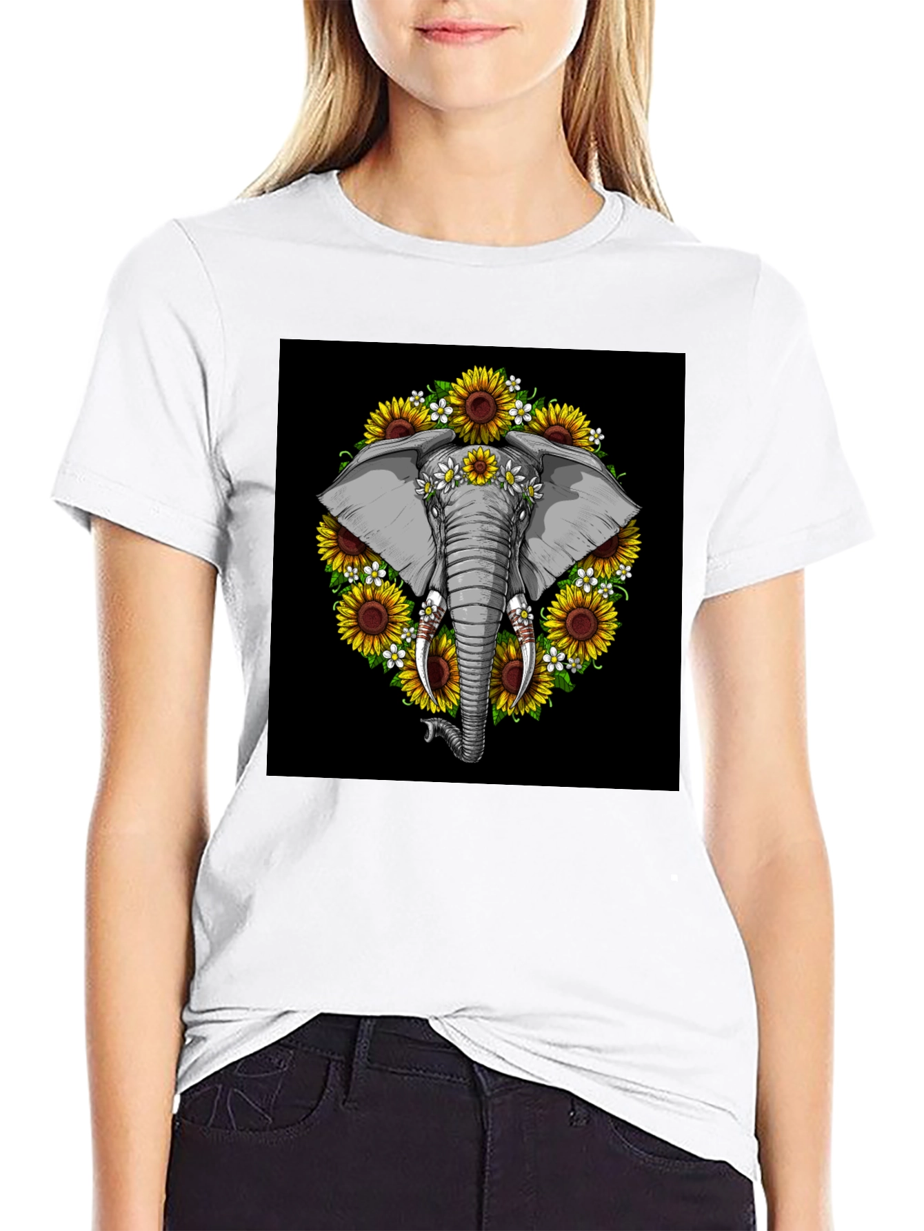 Elephant Sunflower Black T-Shirt