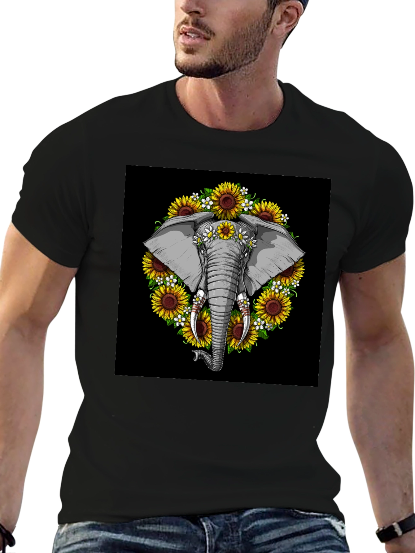 Elephant Sunflower Black T-Shirt