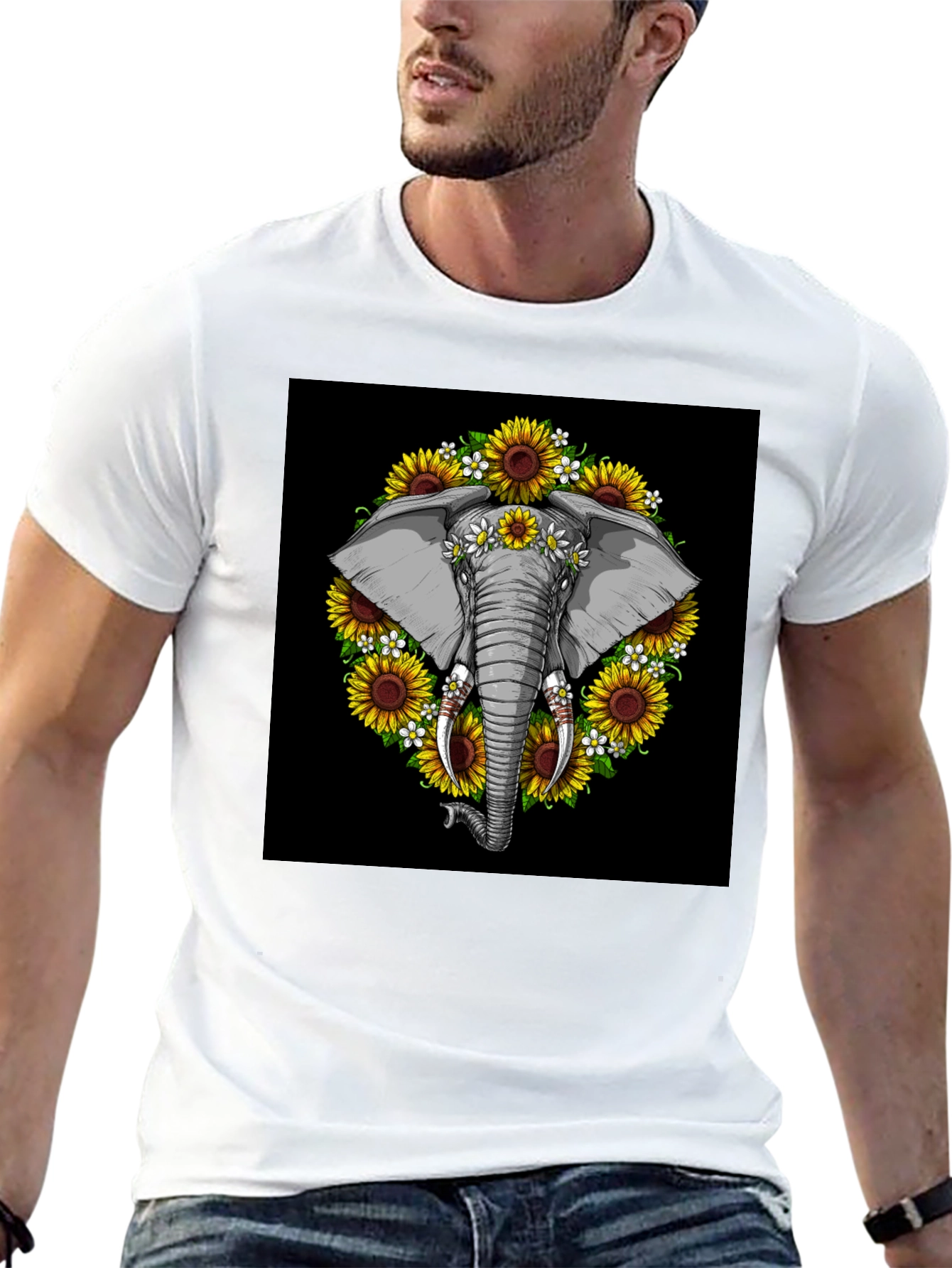 Elephant Sunflower Black T-Shirt
